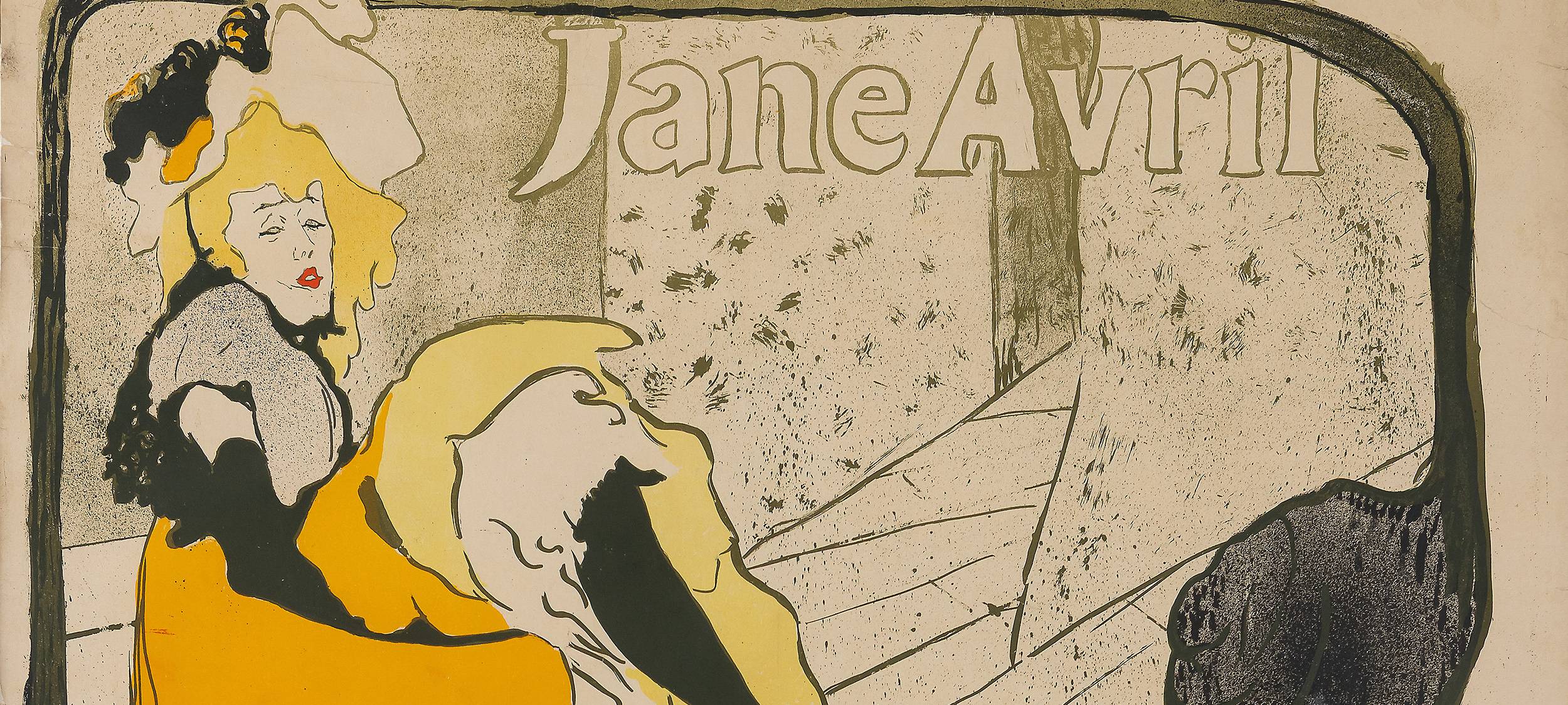 Auf dem Bild von Toulouse-Lautrec ist die Tänzerin Jane Avril graphisch dargestellt. Sie trägt unter anderem einen großen Hut und einen orangenen Rock.