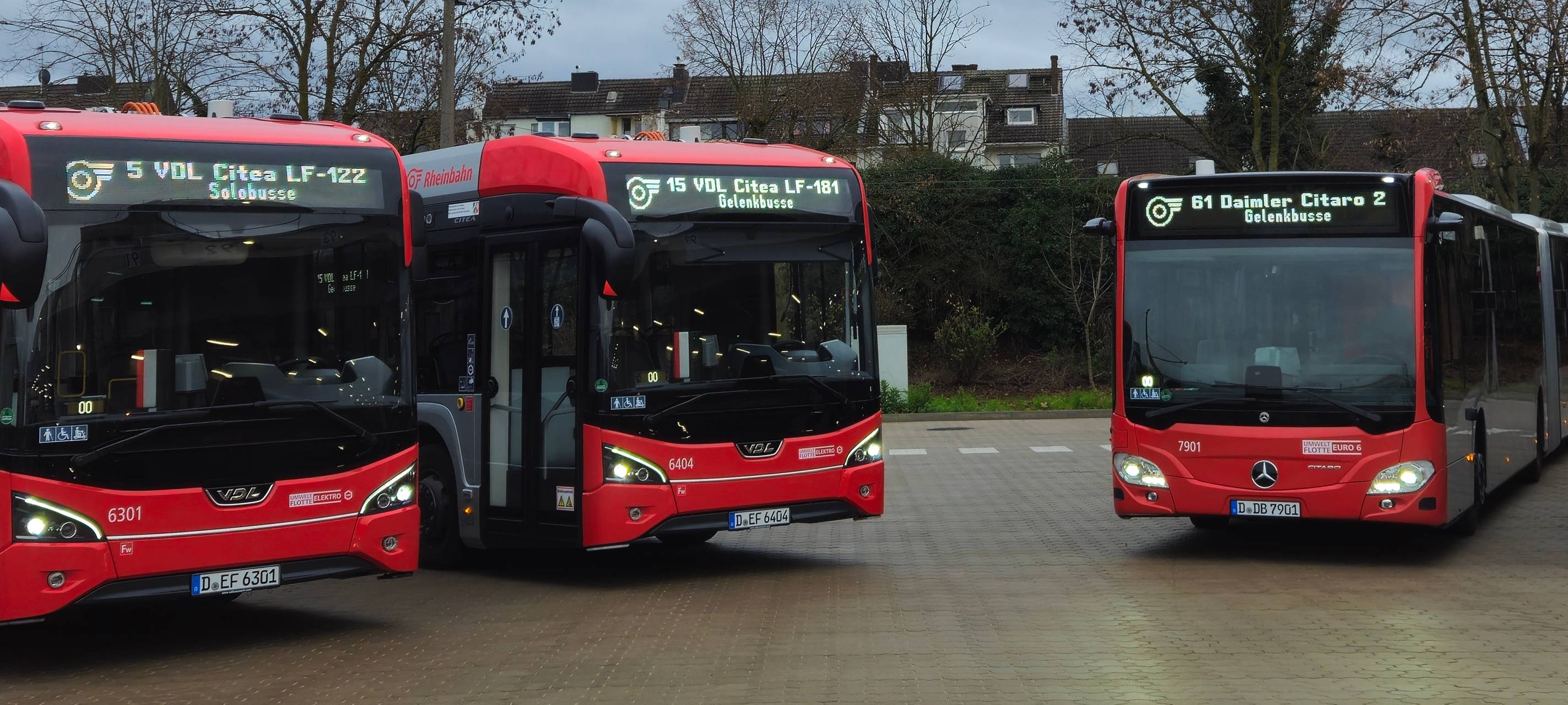 Zwei E-Busse und zwei Diesel-Busse von der Rheinbahn.