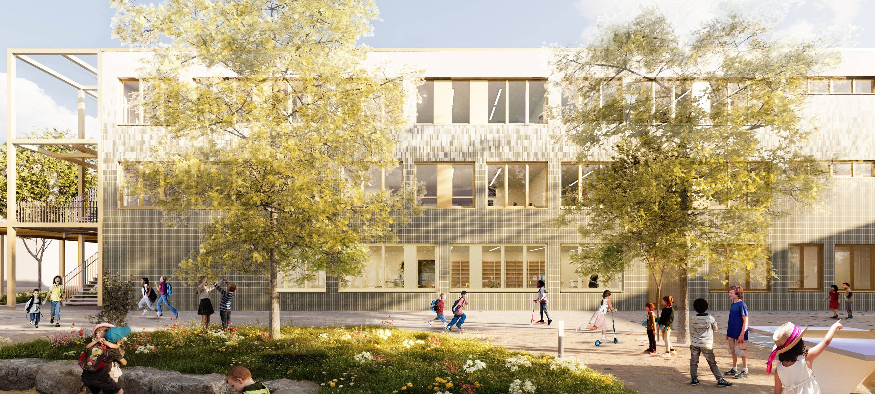 Animation einer Schule mit Schulhof. Darauf spielen mehrere Kinder vor einer Wiese mit Blumen und zwei Bäumen.