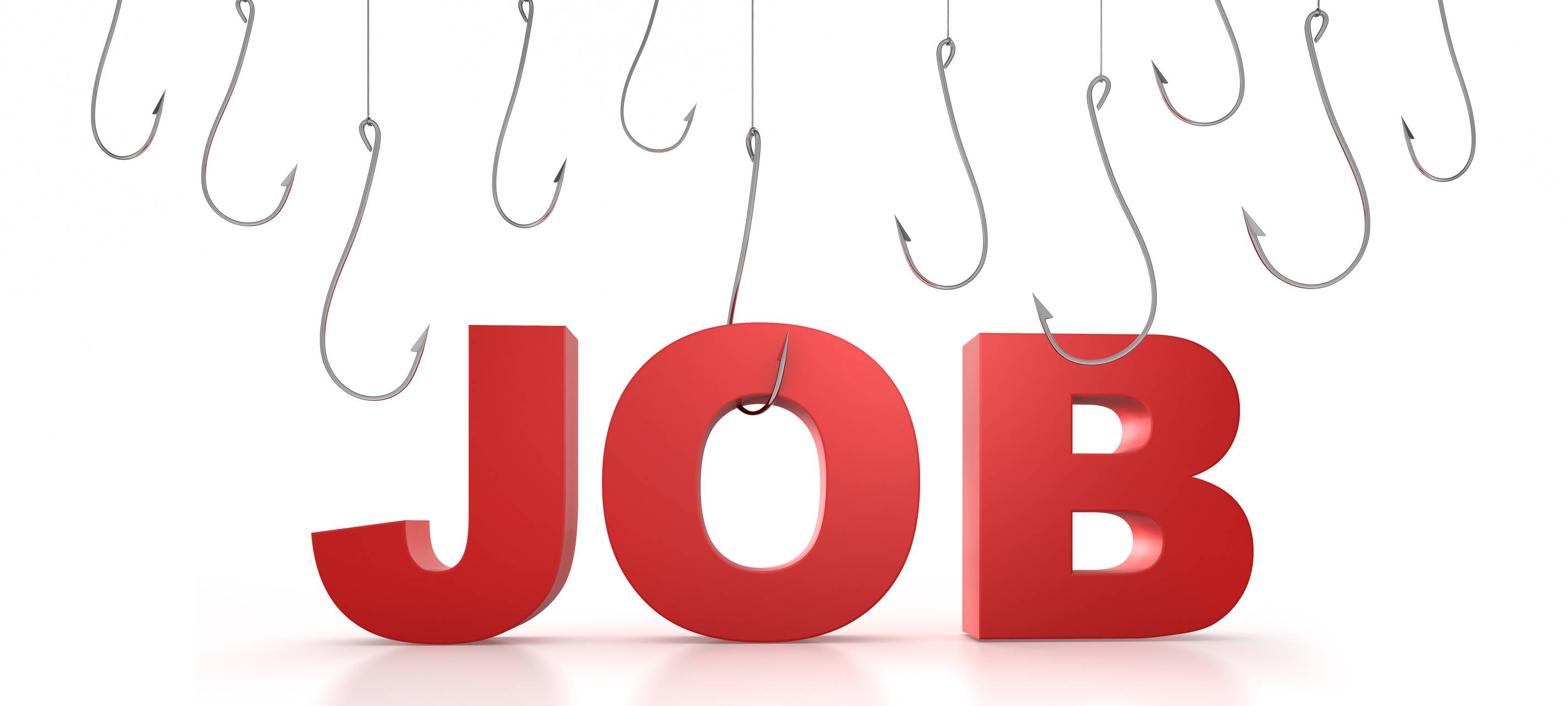 Ein rotes "Job" wird geangelt - mit div. Angelhaken. Ein Symbolbild für die Jobsuche.