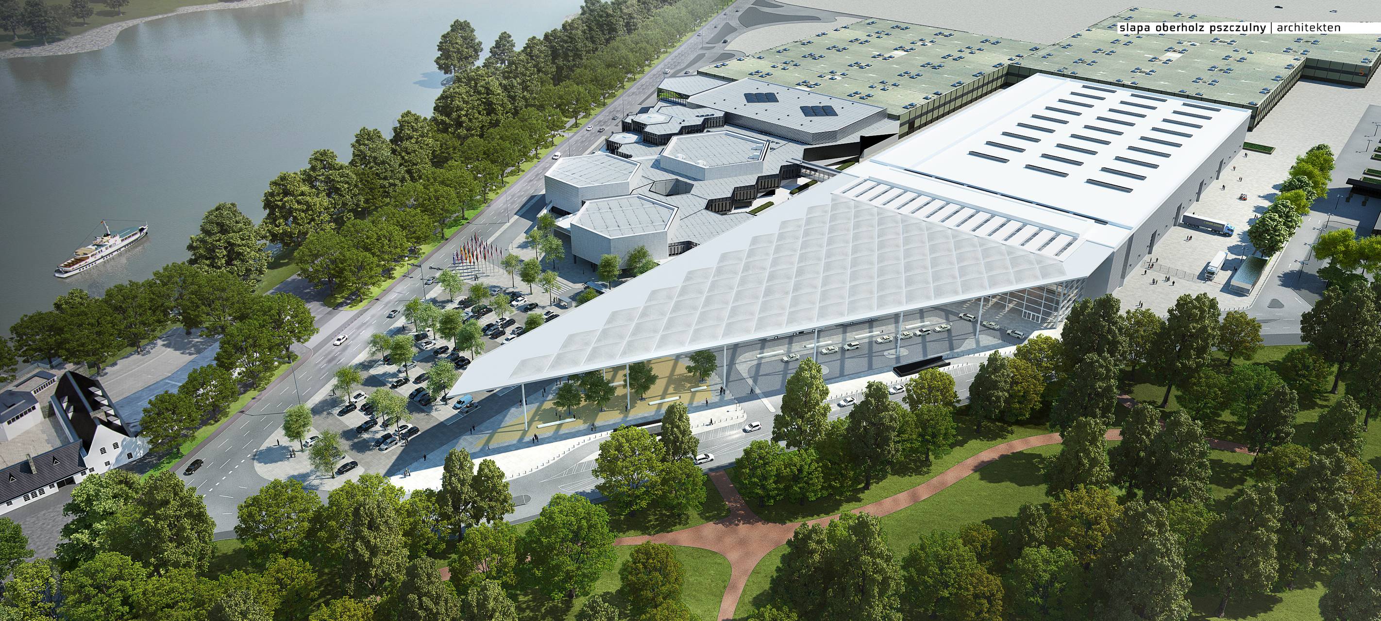 Animation des Düsseldorfer Messegeländes in Stockum mit dem neuen Südeingang in Form eines Dreiecks. Im Hintergrund ist der Rhein zu sehen.