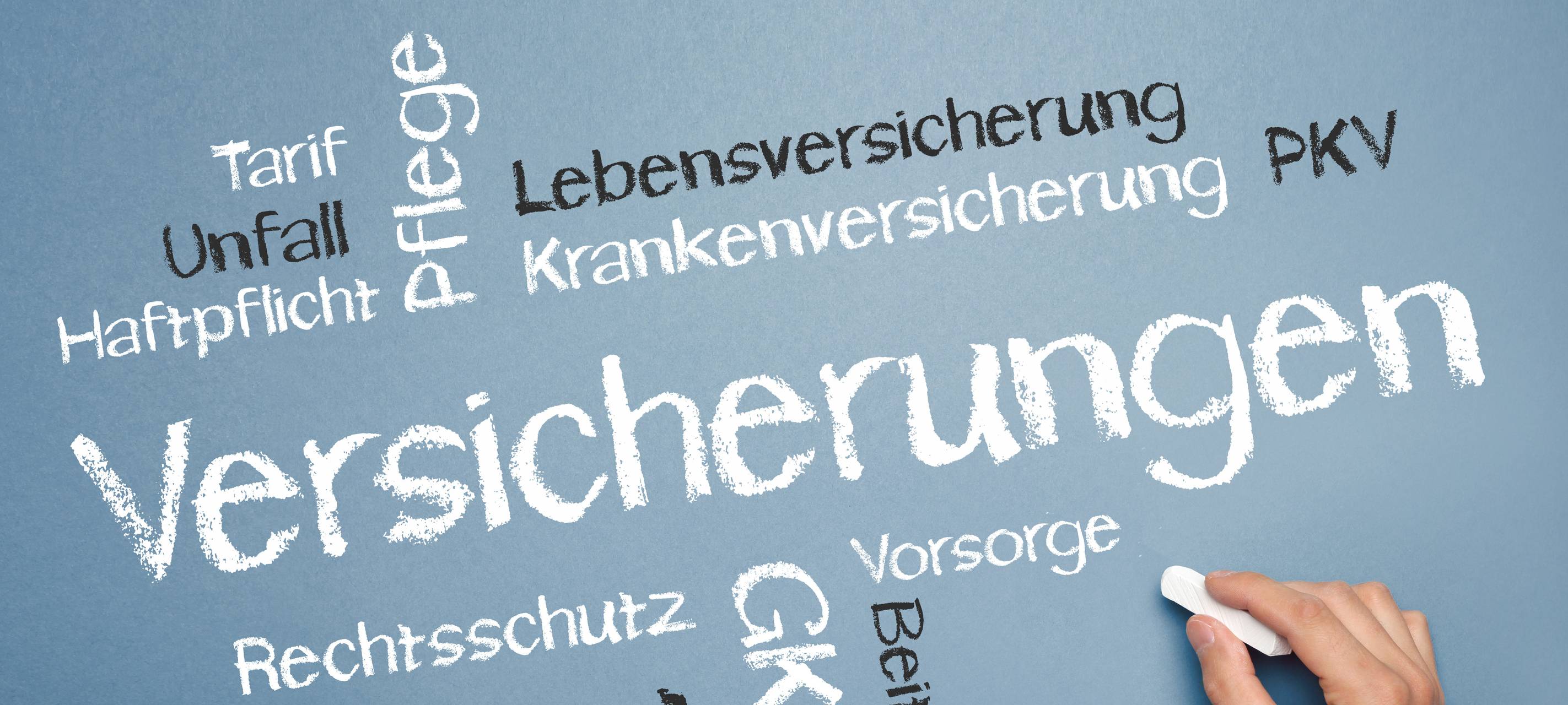 Eine Grafik zeigt mit Stichwörtern, welche Versicherungen man abschließen kann.