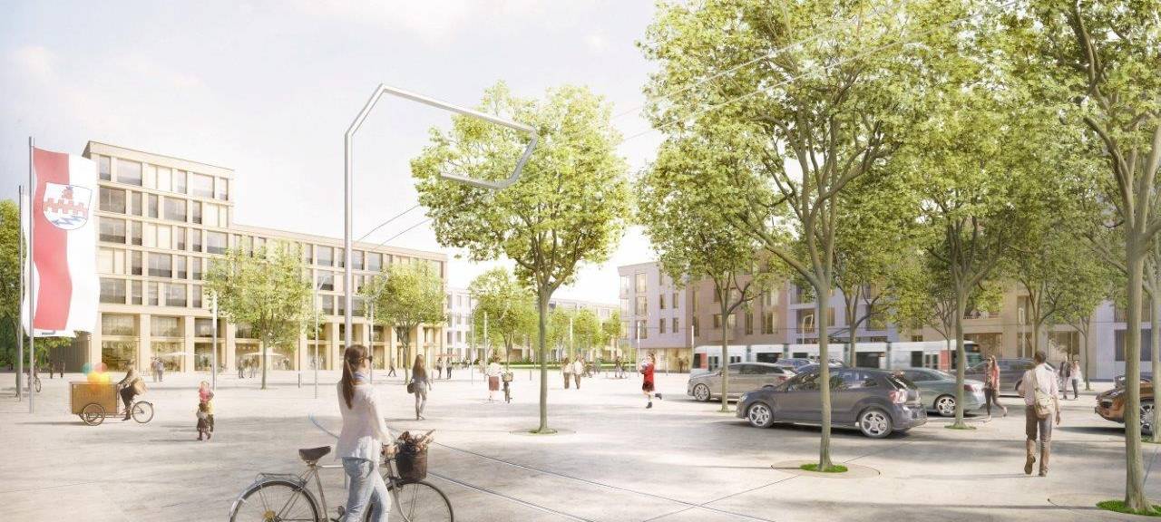 Entwurf eines modernen Wohnviertels - im Vordergrund eine gepflasterte Freifläche mit Bäumen, im Hintergrund Wohnhäuser