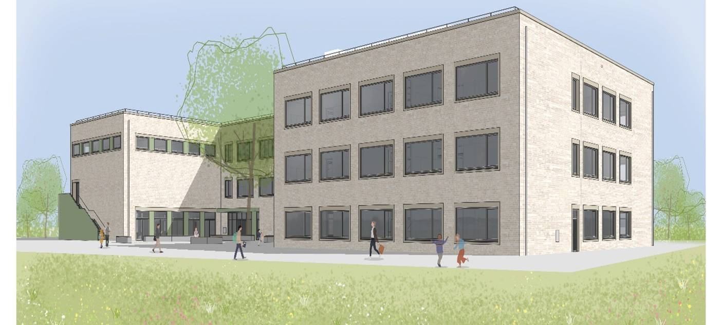 Digitaler Entwurf eines rechteckigen Schulgebäudes mit drei Stockwerken und zwölf Fenstern an der Frontseite. Im Vordergrund eine Rasenfläche.