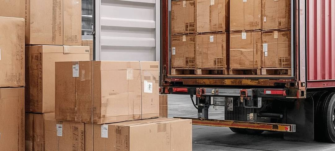 Kartons stehen vor einem LKW in einer Halle.