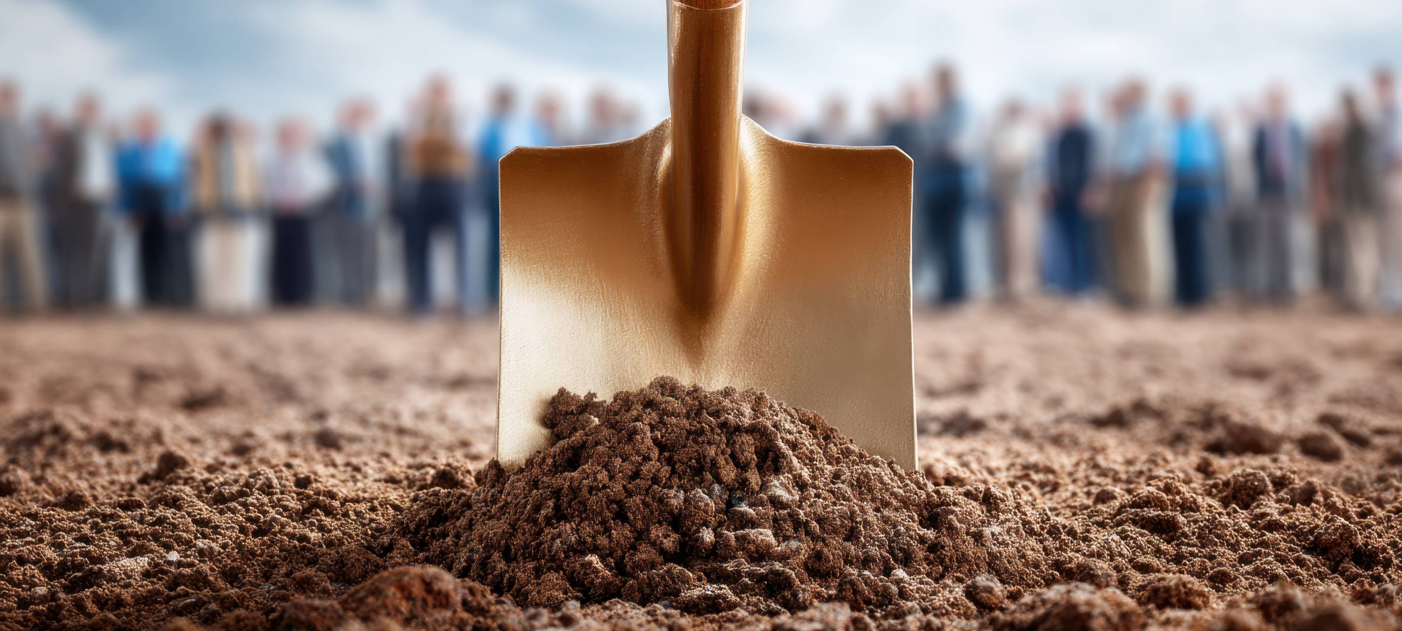 Goldene Schaufel mit einem Erdhaufen auf dem Boden, im Vordergrund einer unscharfen Menschenmenge, symbolisiert einen Spatenstich.