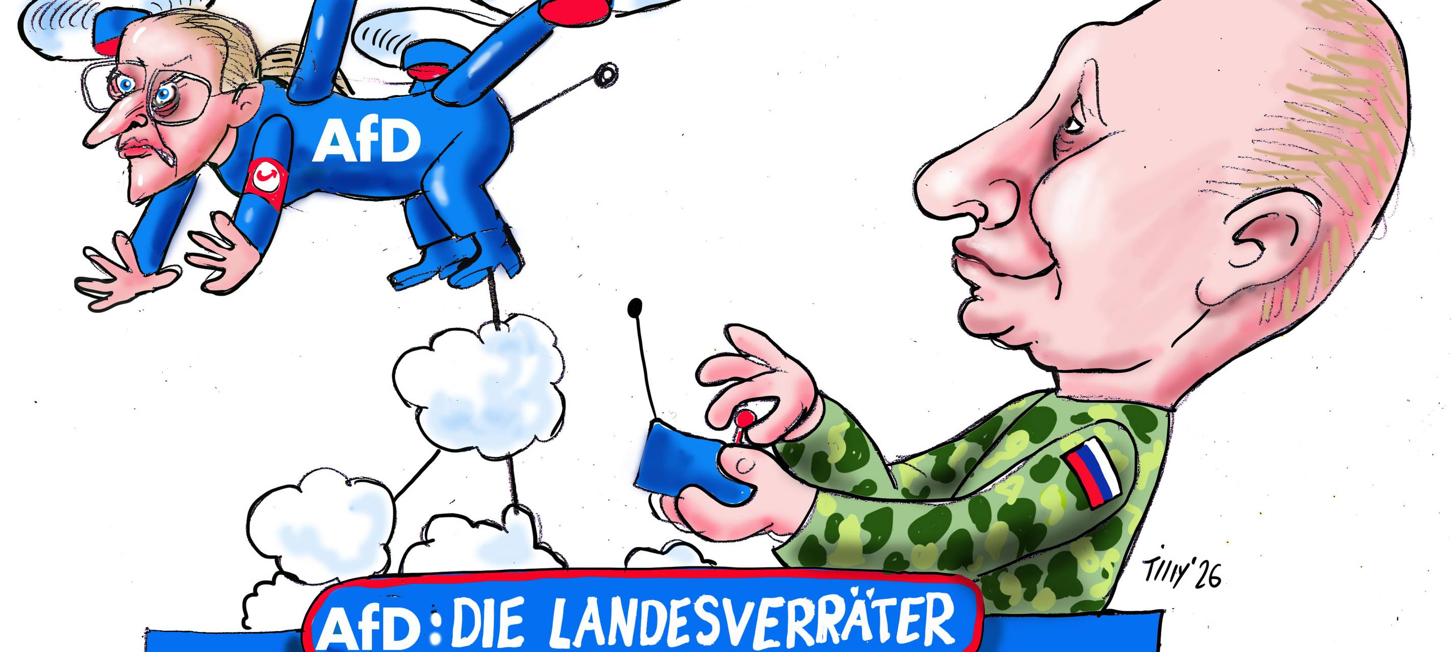 Eine Putin-Figur lässt eine AfD-Drohne fliegen.