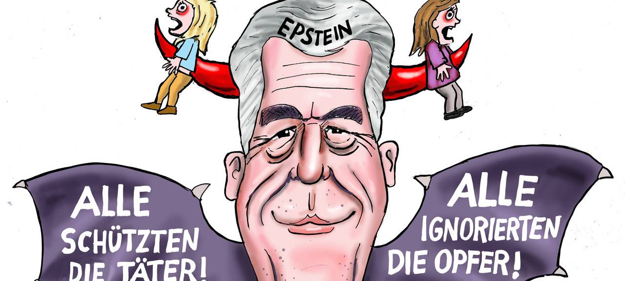 Eine Epstein-Figur hat zwei Frauen auf Hörnern aufgespießt. Dabei ist zu lesen, dass die Täter geschützt- und die Opfer ignoriert werden.