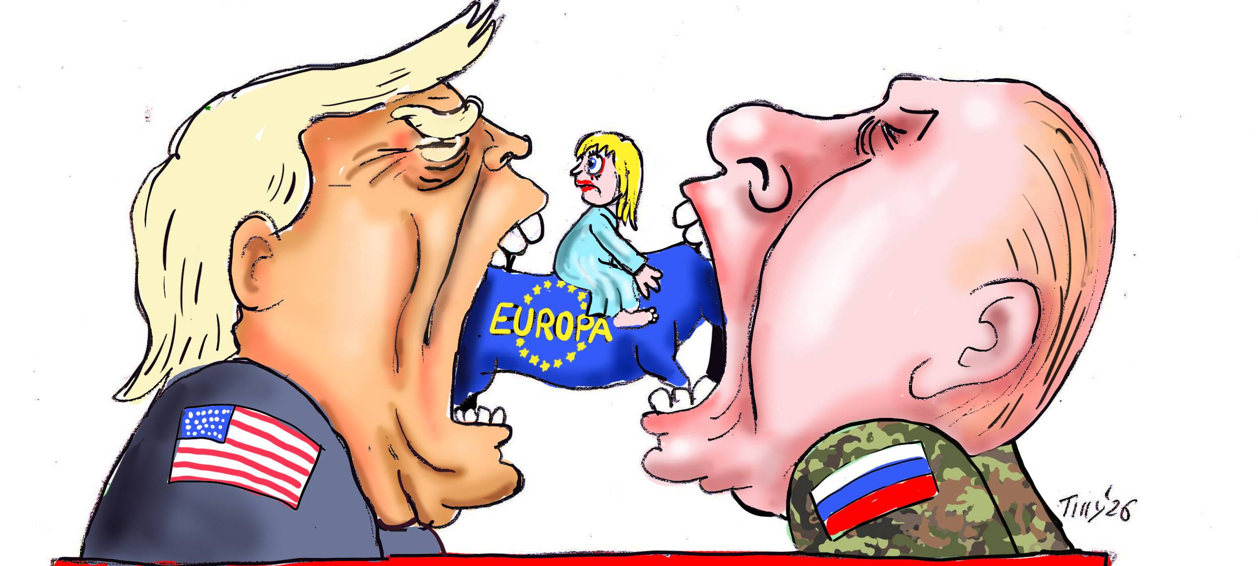 Figuren von Putin und Trump stehen sich mit aufgerissenen Mündern gegenüber. Dabei verspeisen sie einen europäischen Stier.