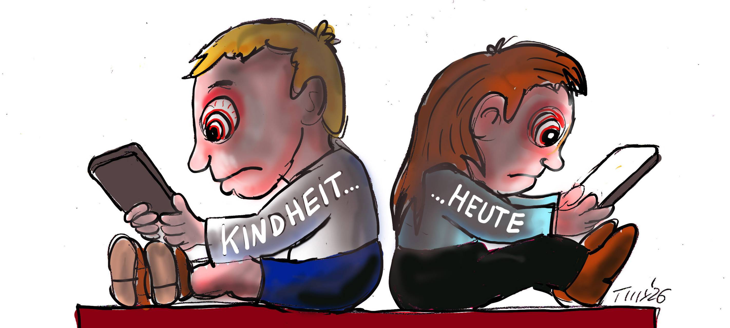 Zwei Kinderfiguren sitzen Rücken an Rücken nebeneinander und schauen ausschließlich auf ihre großen Handys.