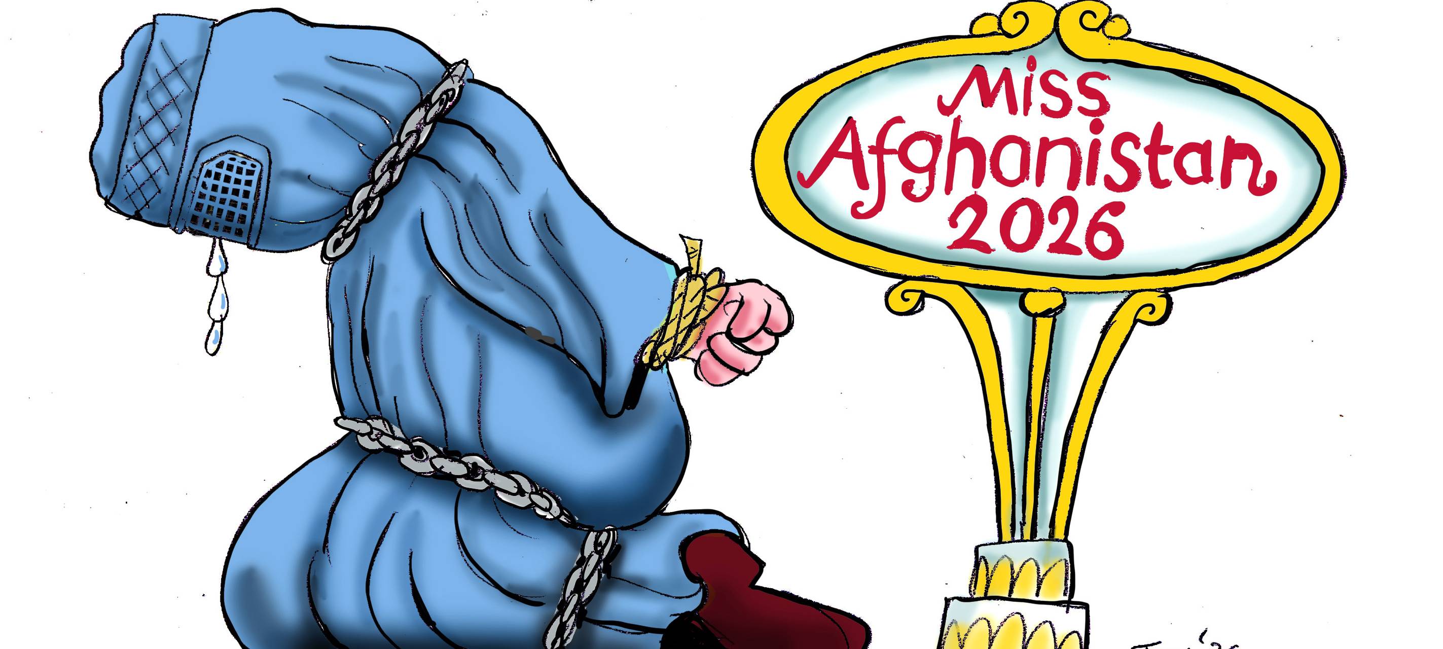 Eine gefangene und gefesselte Frauenfigur kniet vor dem Schild "Miss Afghanistan 2026".