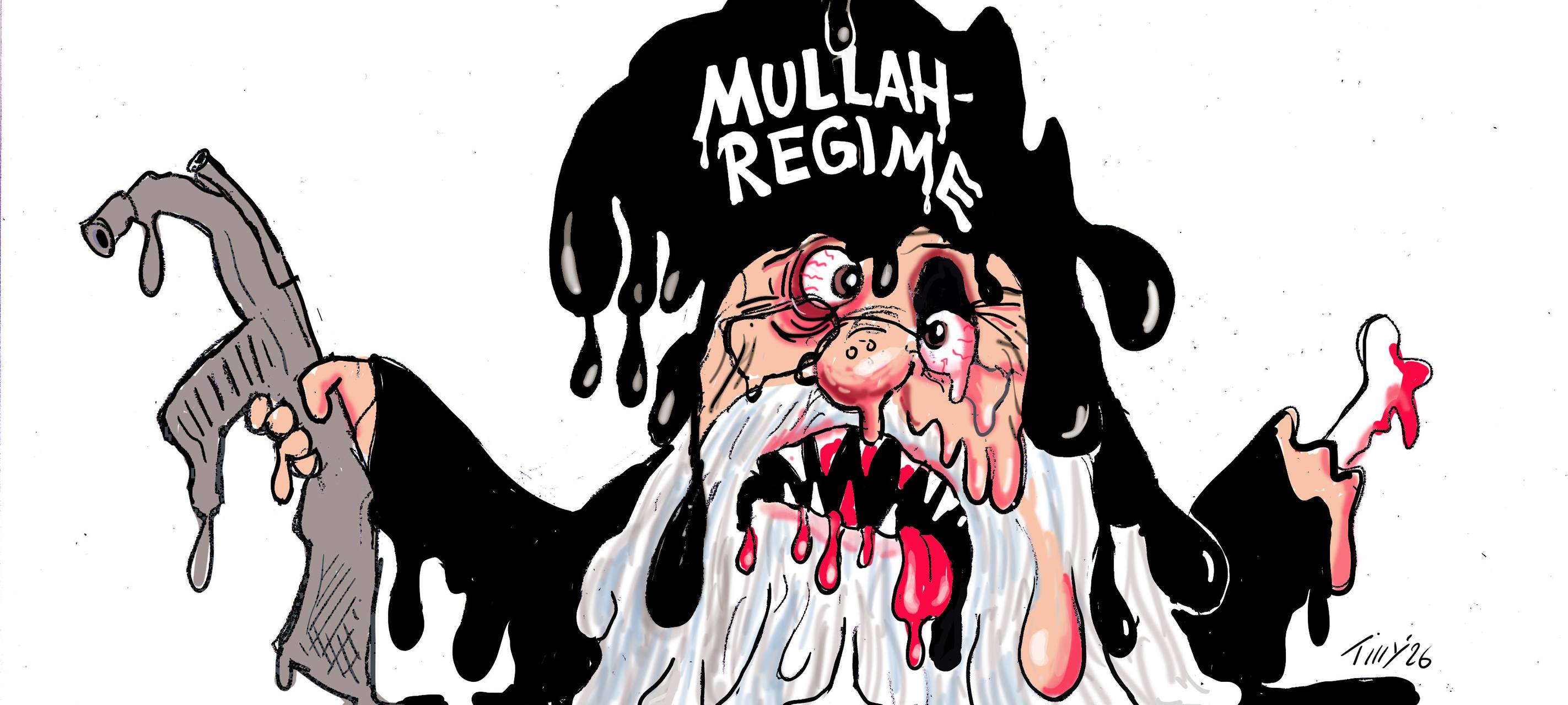 Eine blutende Figur, die das Mullah-Regime verkörpert und dahin schmilzt.