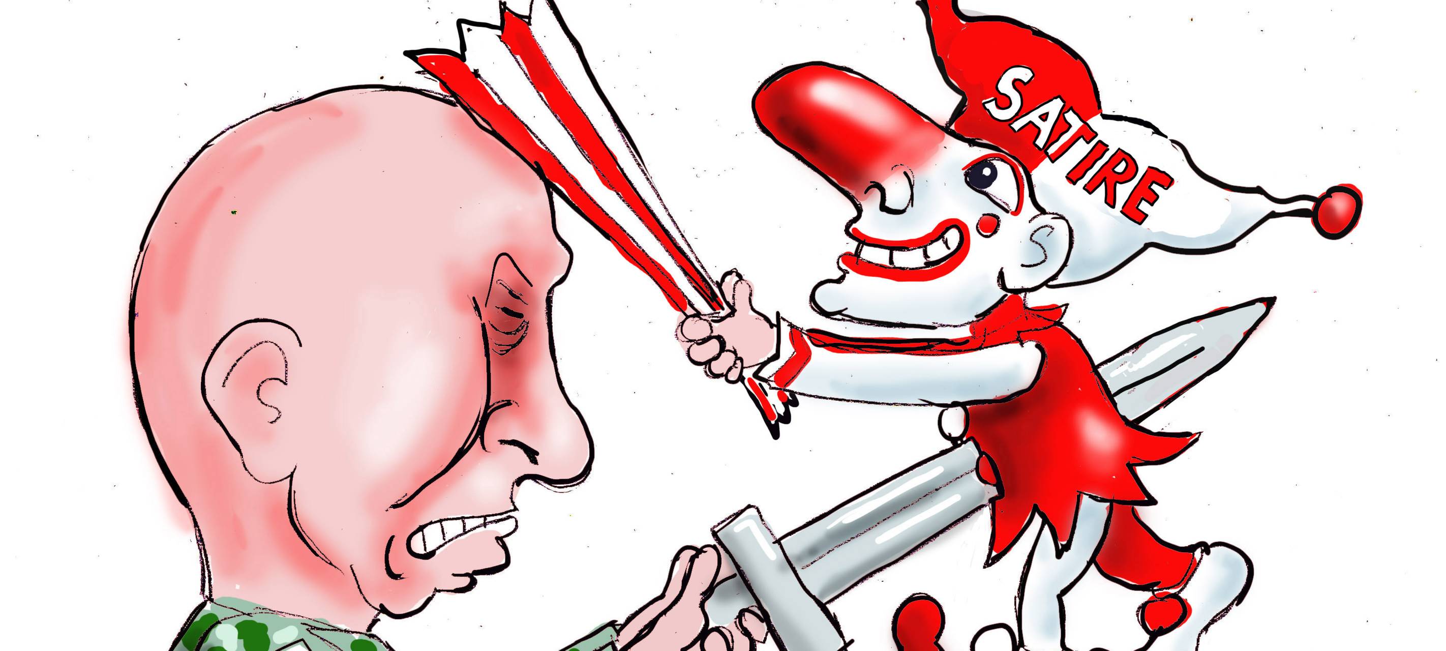 Eine Putin-Figur spießt einen rot-weißen Clown auf, der für Satire und Narrenfreiheit steht.
