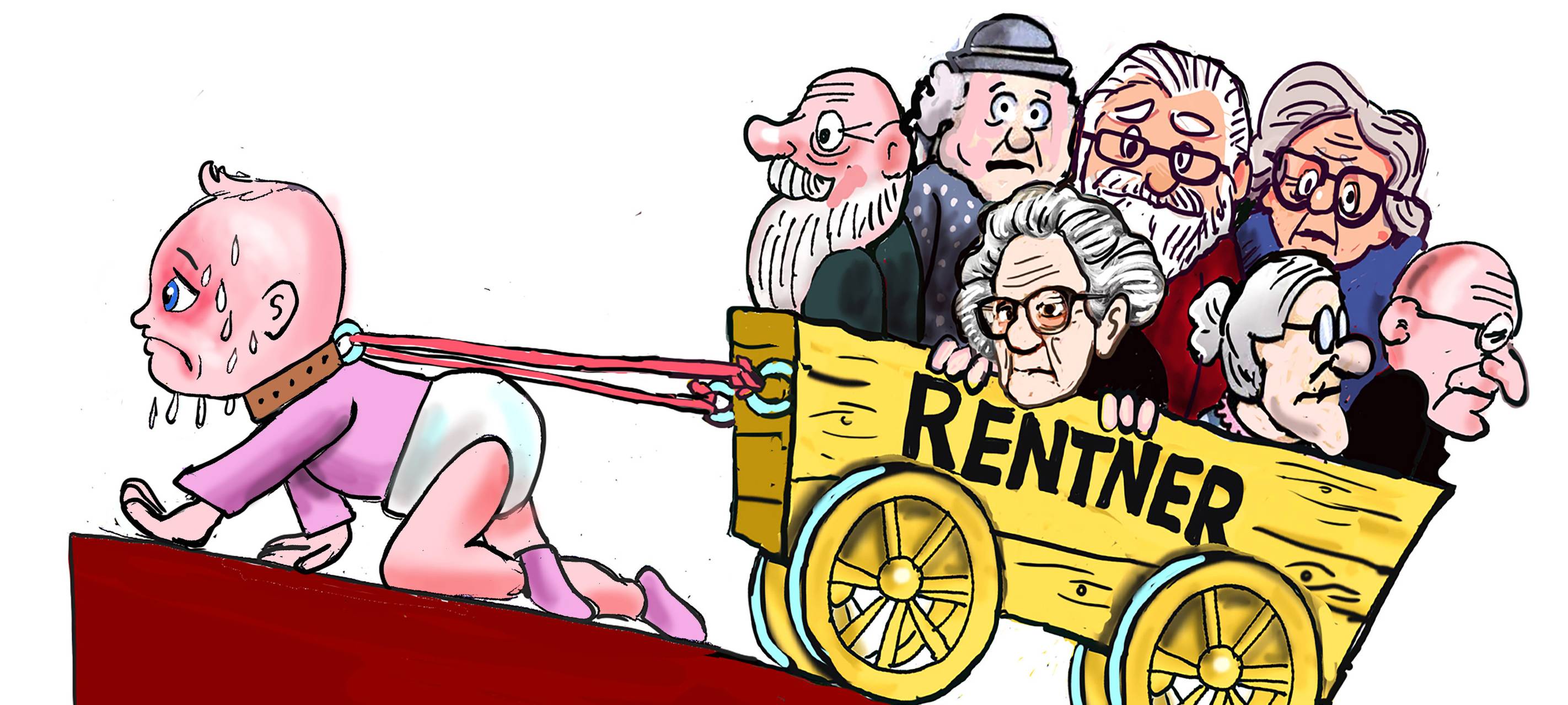 Eine Baby-Figur zieht einen Karren voller alter Menschen den Berg nach oben.