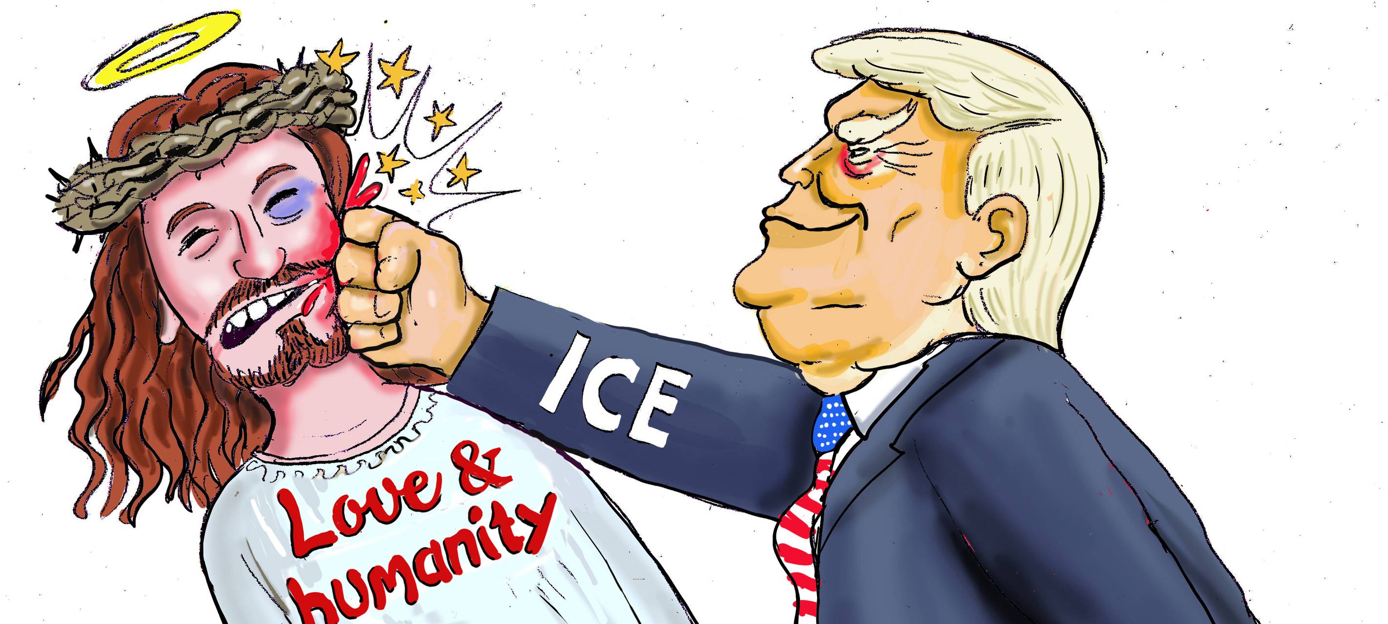 Eine Trump-Figur verpasst einer anderen Figur, die für Liebe und Menschlichkeit steht, einen Faustschlag. Auf seinem ausgestreckten Arm steht ICE.