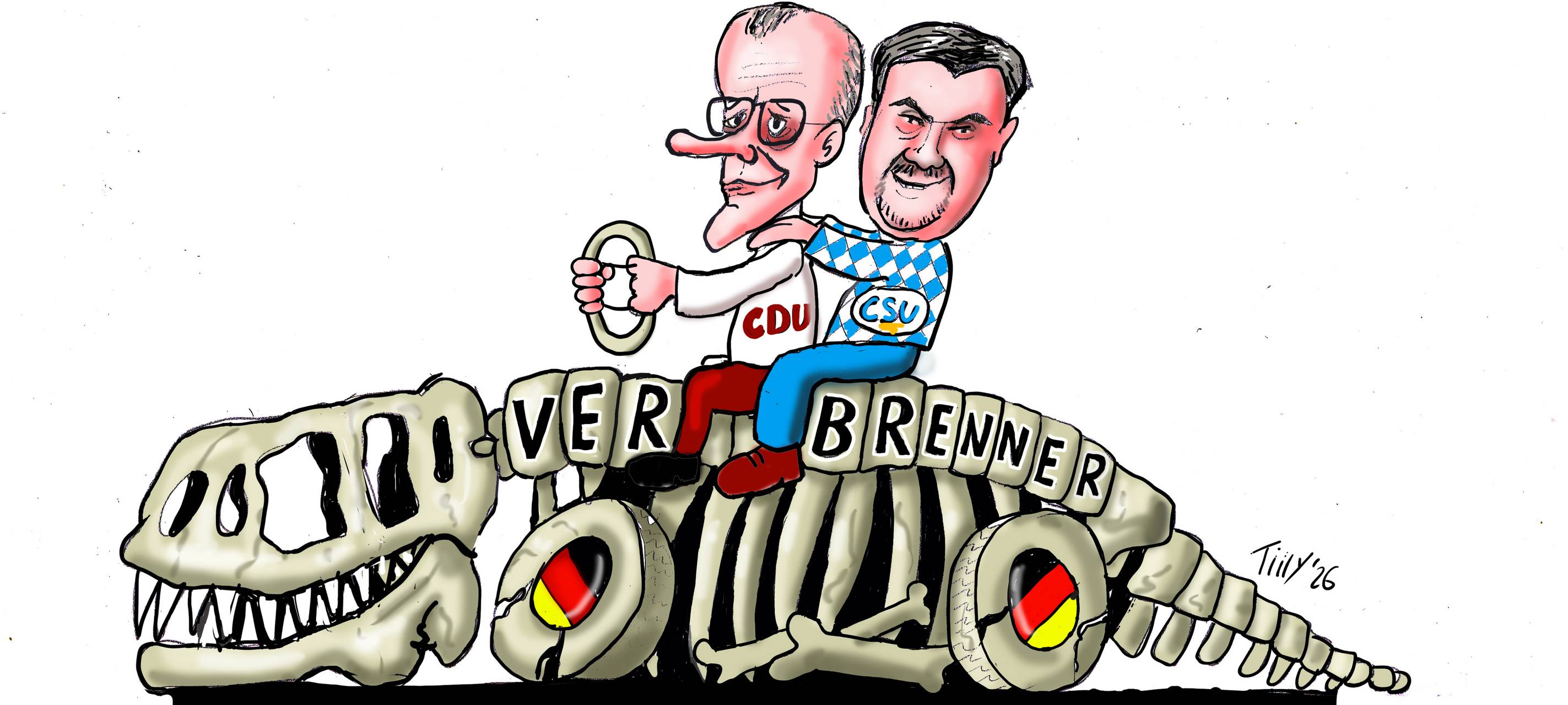 Die Figuren von Merz und Söder reiten auf einem klapprigen Dinosaurier, der die Verbrenner-Autos symbolisiert.