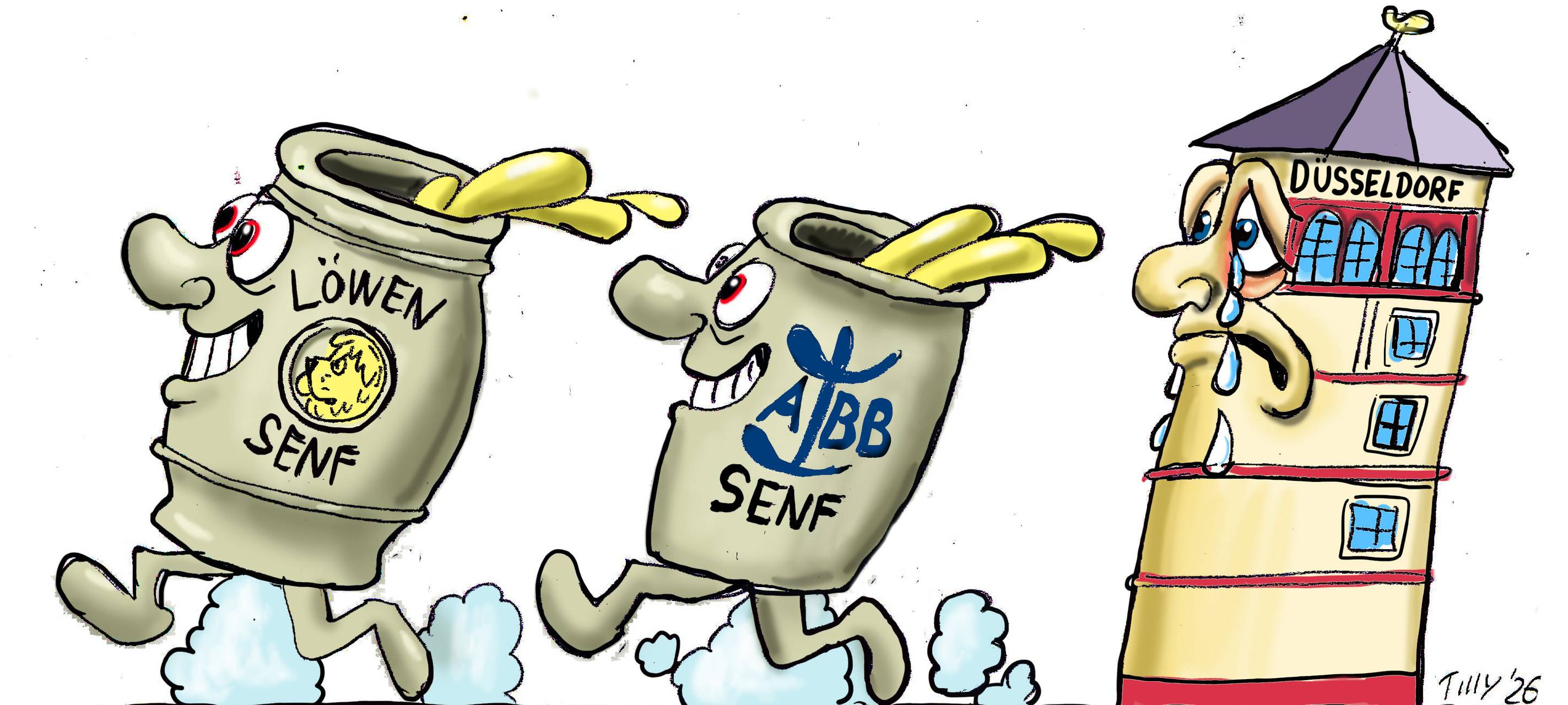 Zwei Senftöpfe von ABB und Löwensenf fliehen vor dem Düsseldorfer Schlossturm.