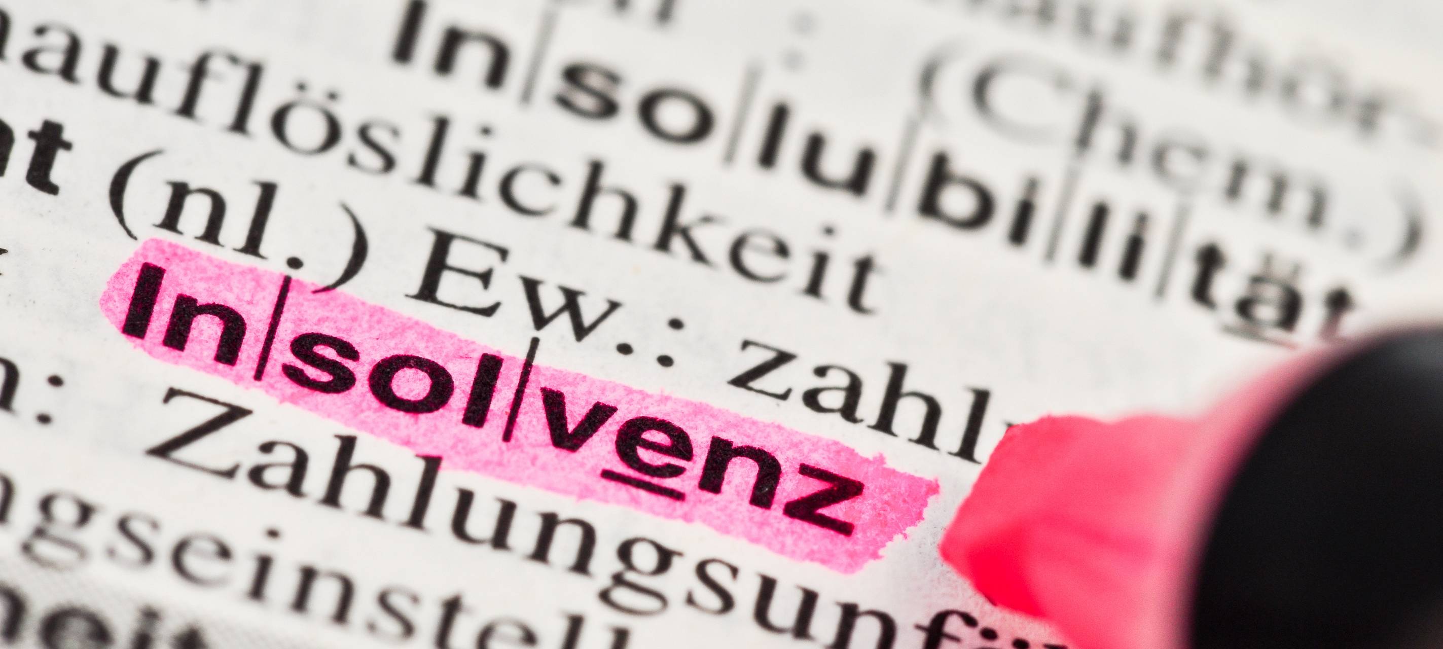 Nahaufnahme einer Wörterbuchseite, auf der das Wort „Insolvenz" mit einem pinkfarbenen Textmarker hervorgehoben ist.