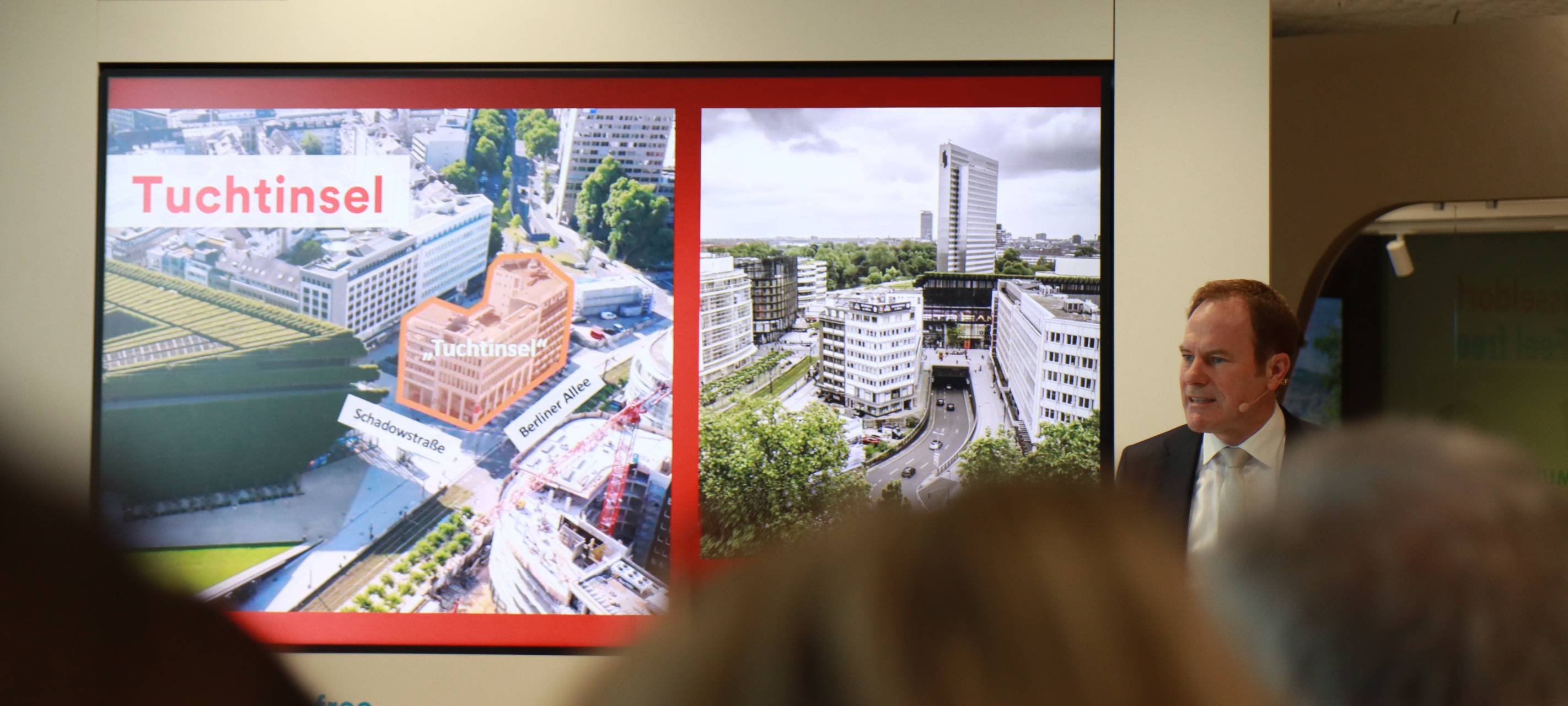 OB Keller präsentiert bei seiner Präsentation auf der MIPIM in Cannes die städtischen Pläne für die Tuchtinsel in der Düsseldorfer Innenstadt.