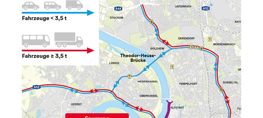 Das Schaubild zeigt mögliche Umleitungsrouten, die während der Zeit der Sperrung des Rheinufertunnels vom 30. März bis 25. April von Autofahrern genutzt werden können.