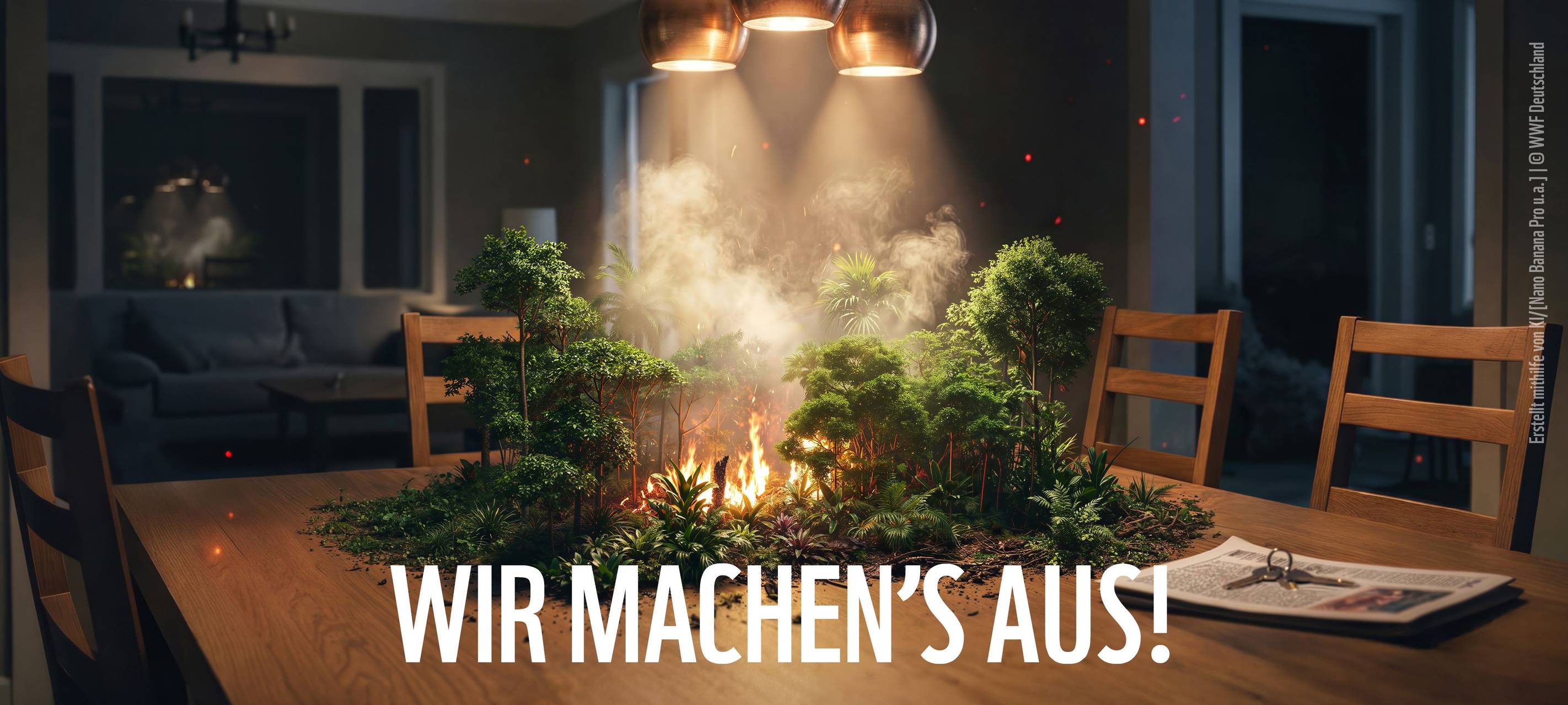 Symbolbild eines brennenden Waldes auf einem Wohnzimmertisch mit eingeschalteter Beleuchtung.