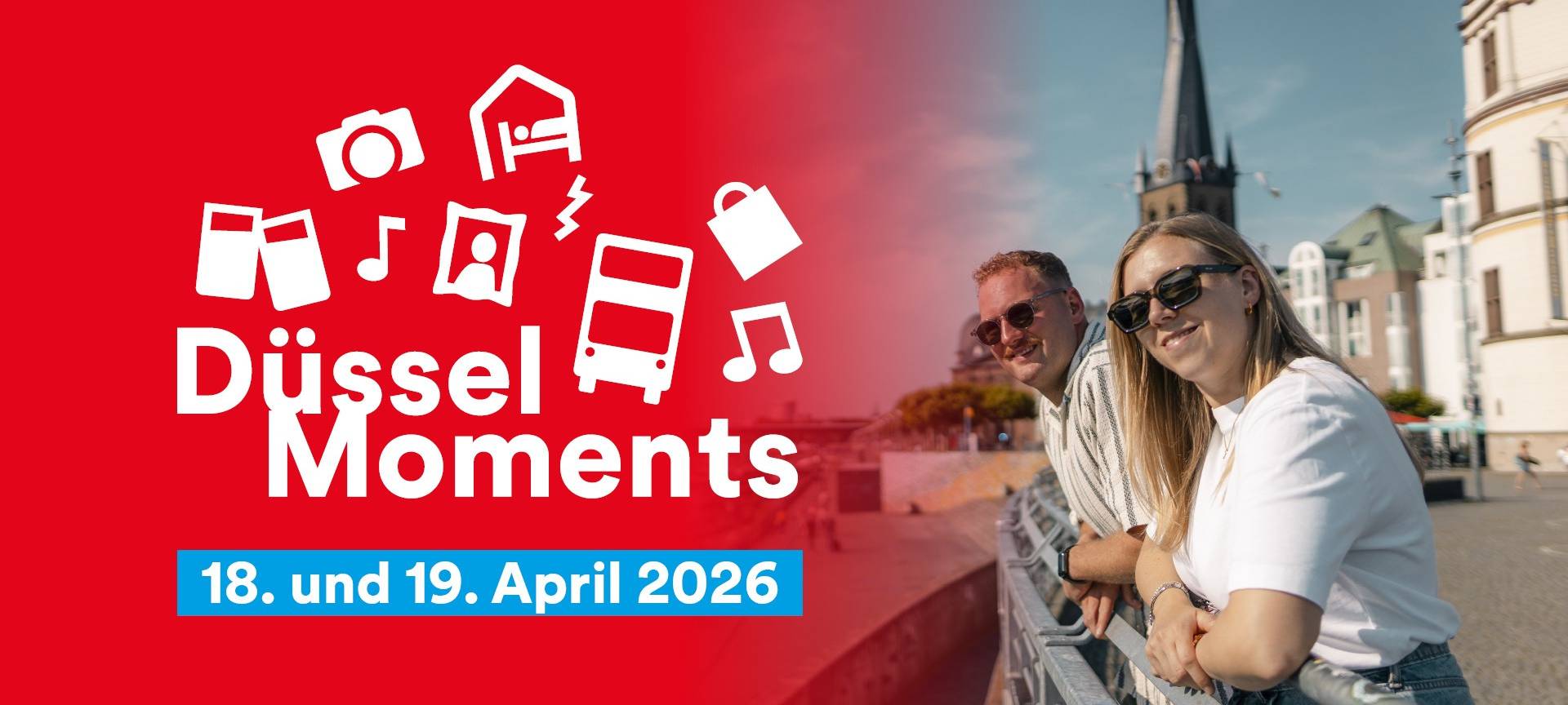 Zwei Menschen schauen bei gutem Wetter auf den Rhein. Auf der linken Seite des Bildes liest man, dass die DüsselMoments am 18. und 19. April 2026 stattfinden.