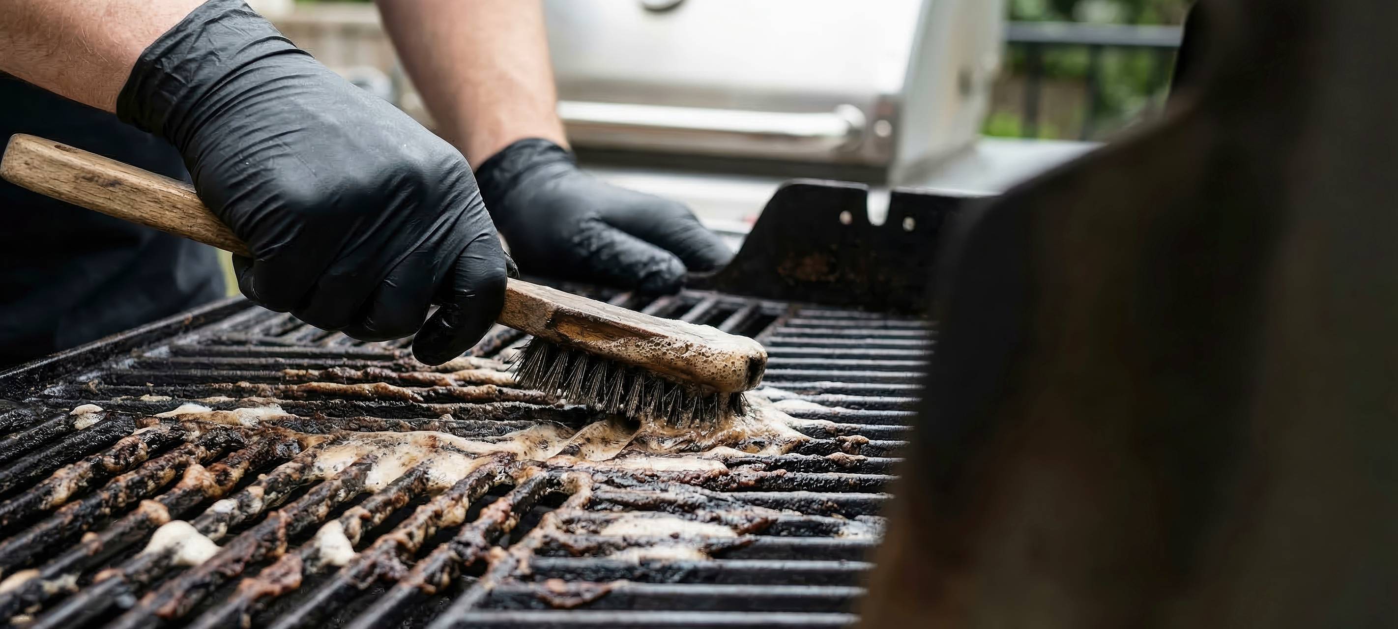 Nahaufnahme einer Person mit schwarzen Schutzhandschuhen, die einen verschmutzten Grillrost mit einer Drahtbürste und Reinigungsschaum säubert. Im Hintergrund ist ein moderner Gasgrill erkennbar.