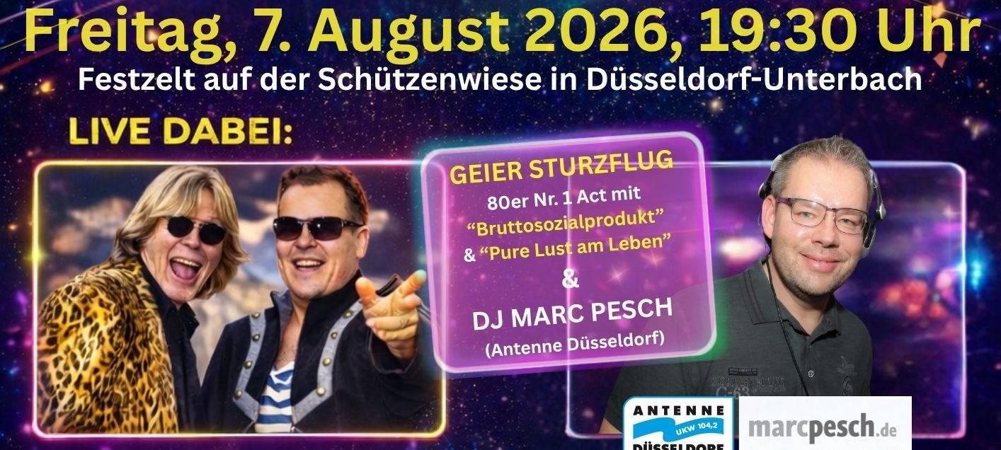 Ein Flyer der St. Hubertus Schützenbruderschaft Unterbach 1870 e.V mit Infos zur 80er/90er-Party im August