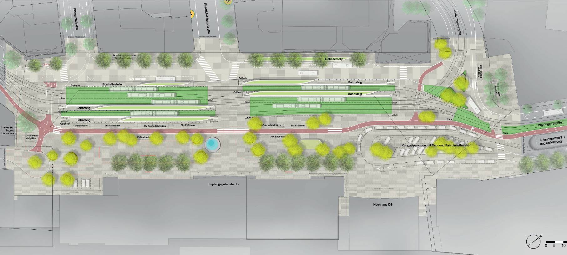 Grafik des neu gestalteten Konrad-Adenauer-Platzes vor dem Düsseldorfer Hauptbahnhof mit mehr Grün als bisher und deutlich längeren Haltestellen für die Straßenbahnen.