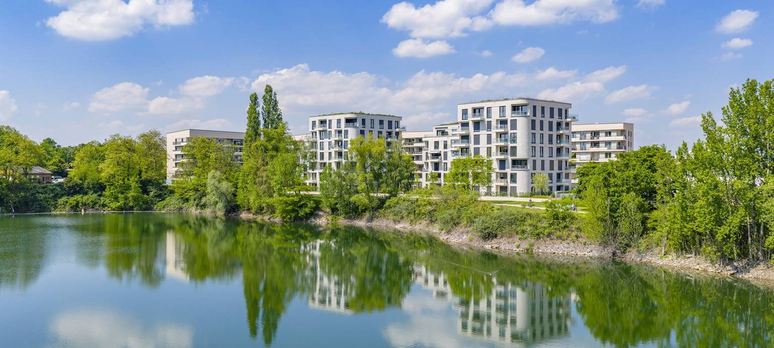 Mehrere weiße Wohnhochhäuser hinter Bäumen am Albertussee in Heerdt