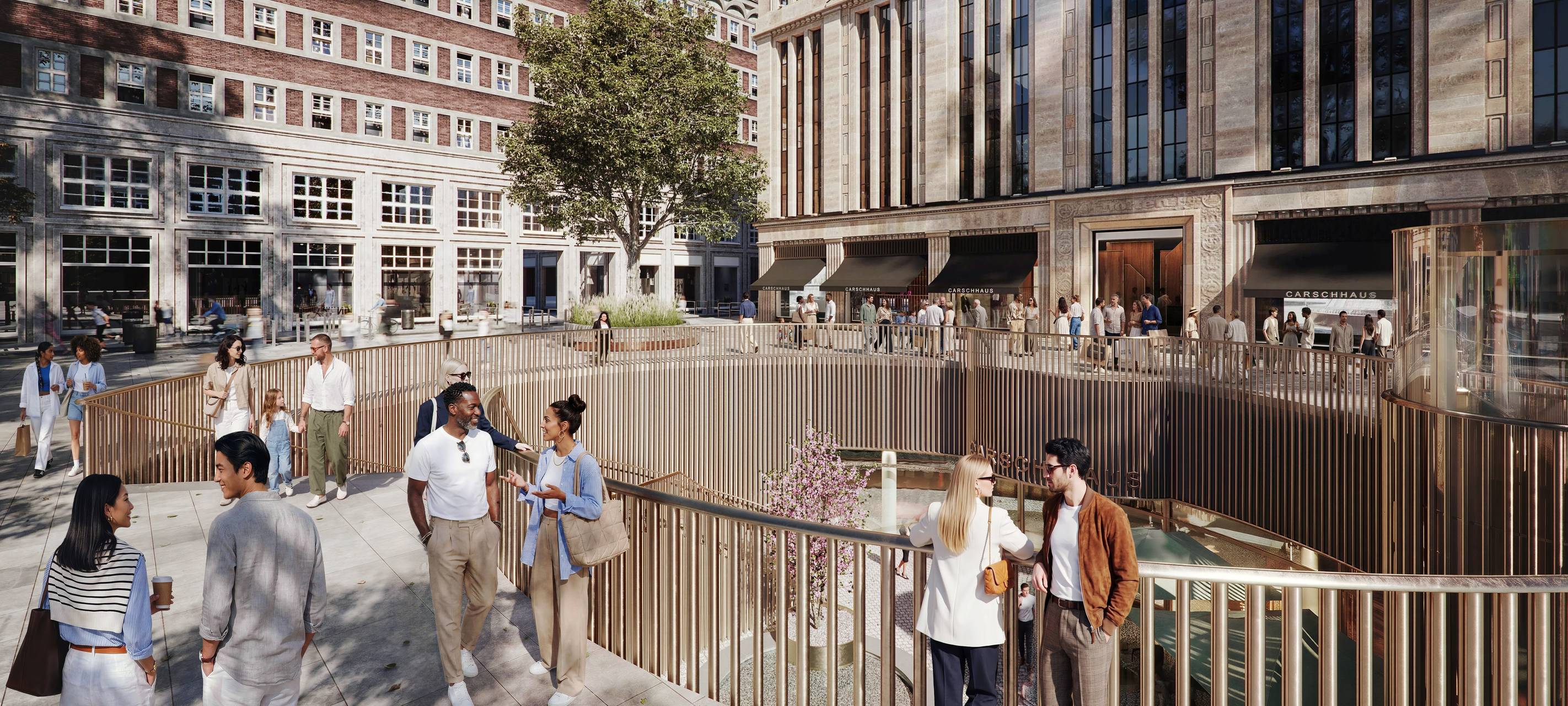 Eine Visualisierung zeigt den neue gestalteten Heinrich-Heine-Platz und das Carsch-Haus