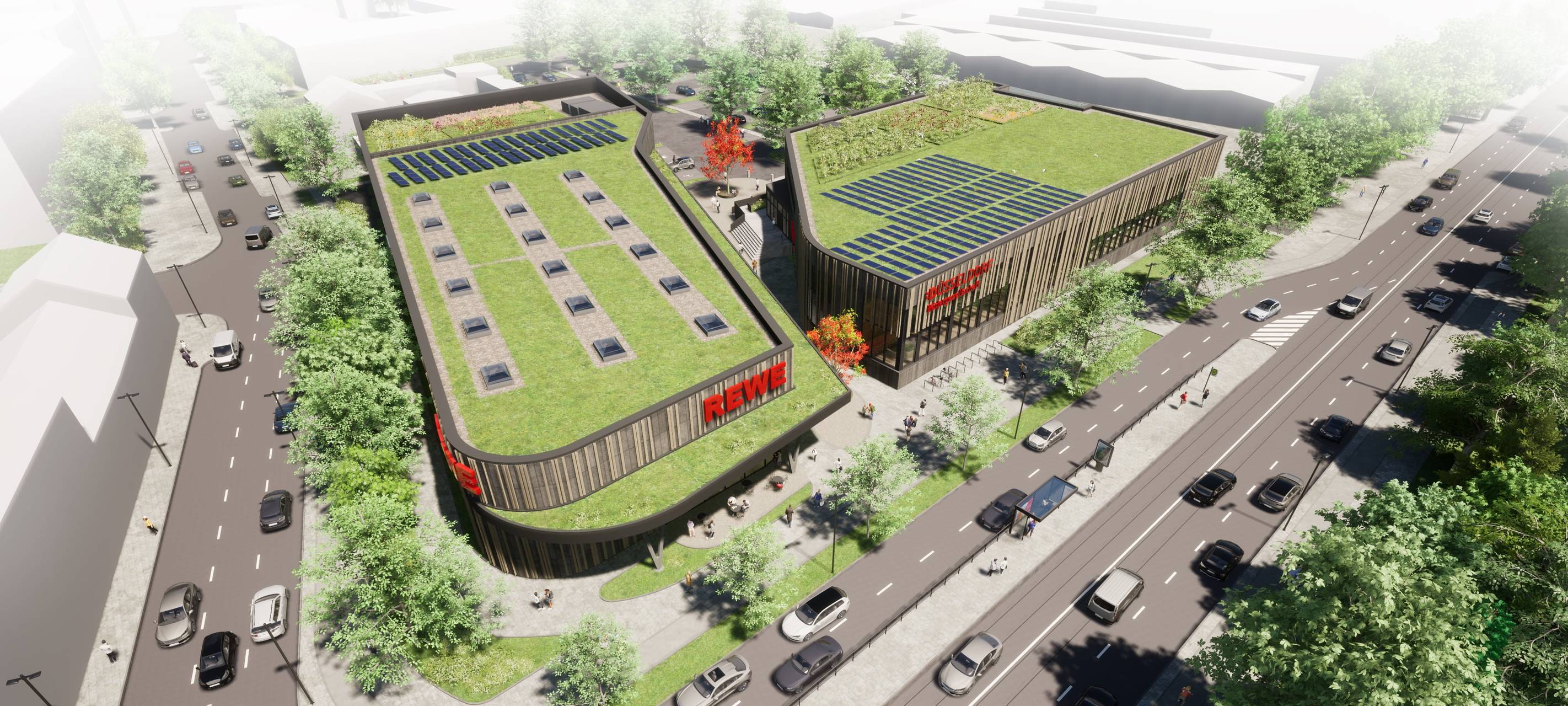 Rendering für das neue Hallenbad an der Ulmenstraße. Das Dach ist begrünt, genauso wie beim benachbarten REWE-Markt.