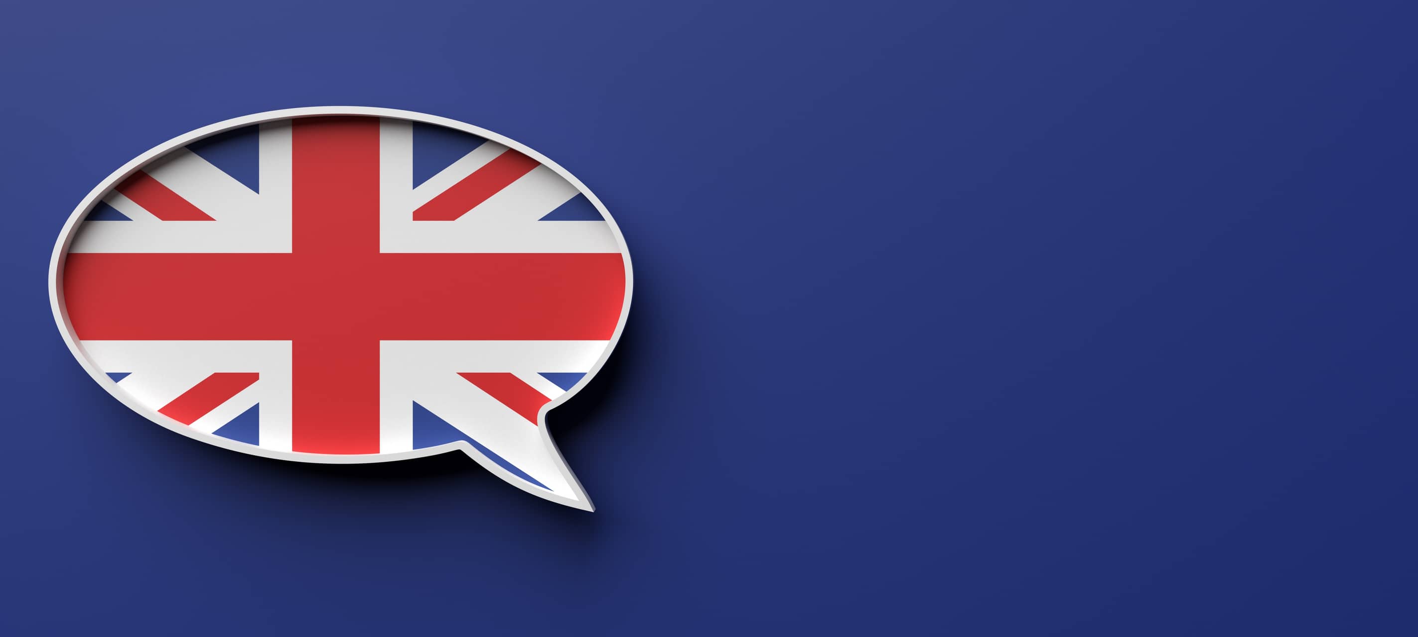 UK flag talk balloon isolated on blue, banner. English lessons concept. 3d illustration.