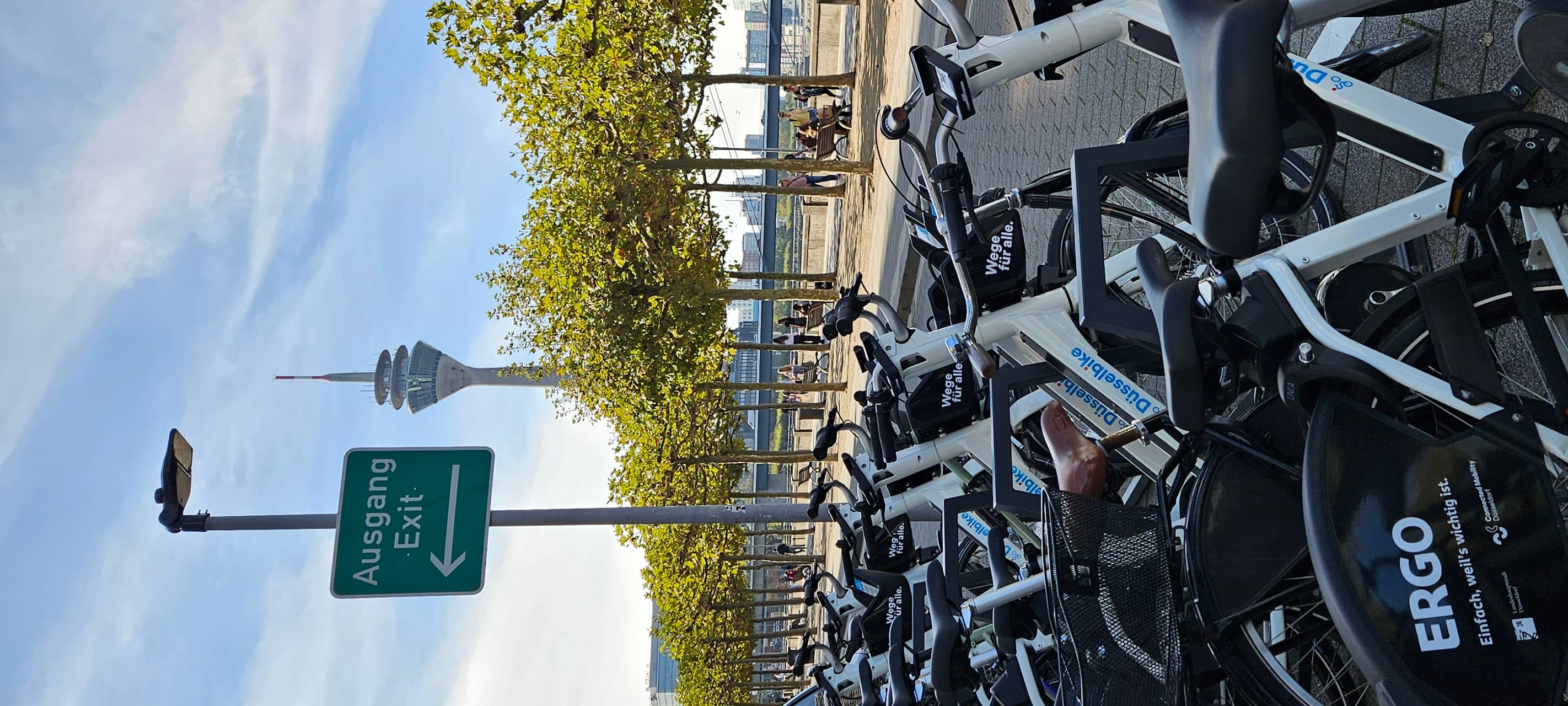 Düsselbikes an einer Station mit Rheinpromenade im Hintergrund.