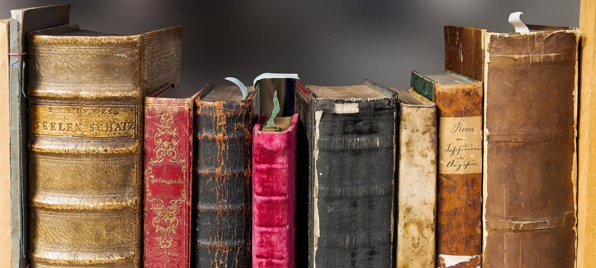 Recht alt auschauende Bücher in einem Buchregal.