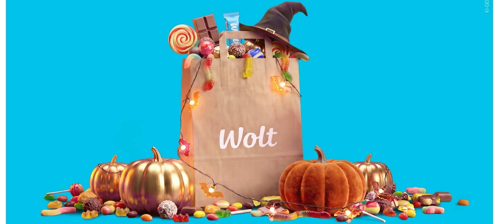 Halloween Snacks in einer Tüte auf hellblauem Hintergrund