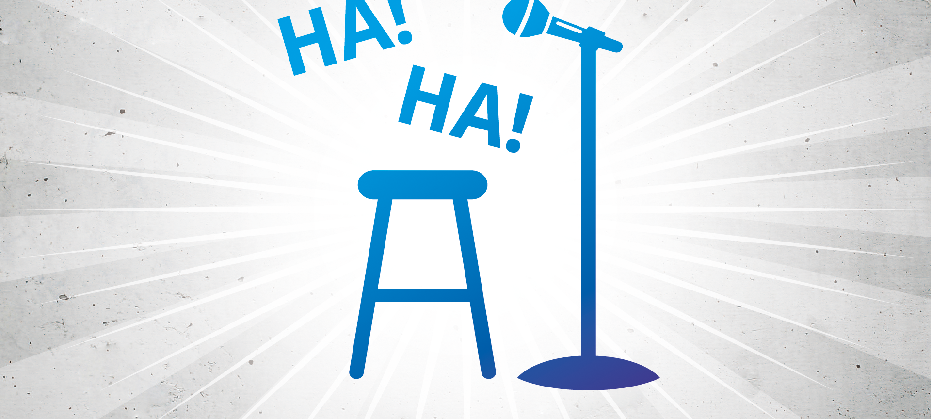 Ein Setup für einen Comedian auf der Bühne. Ein Barhocker mit einem Mikrofon - und die Wörter "Ha Ha".