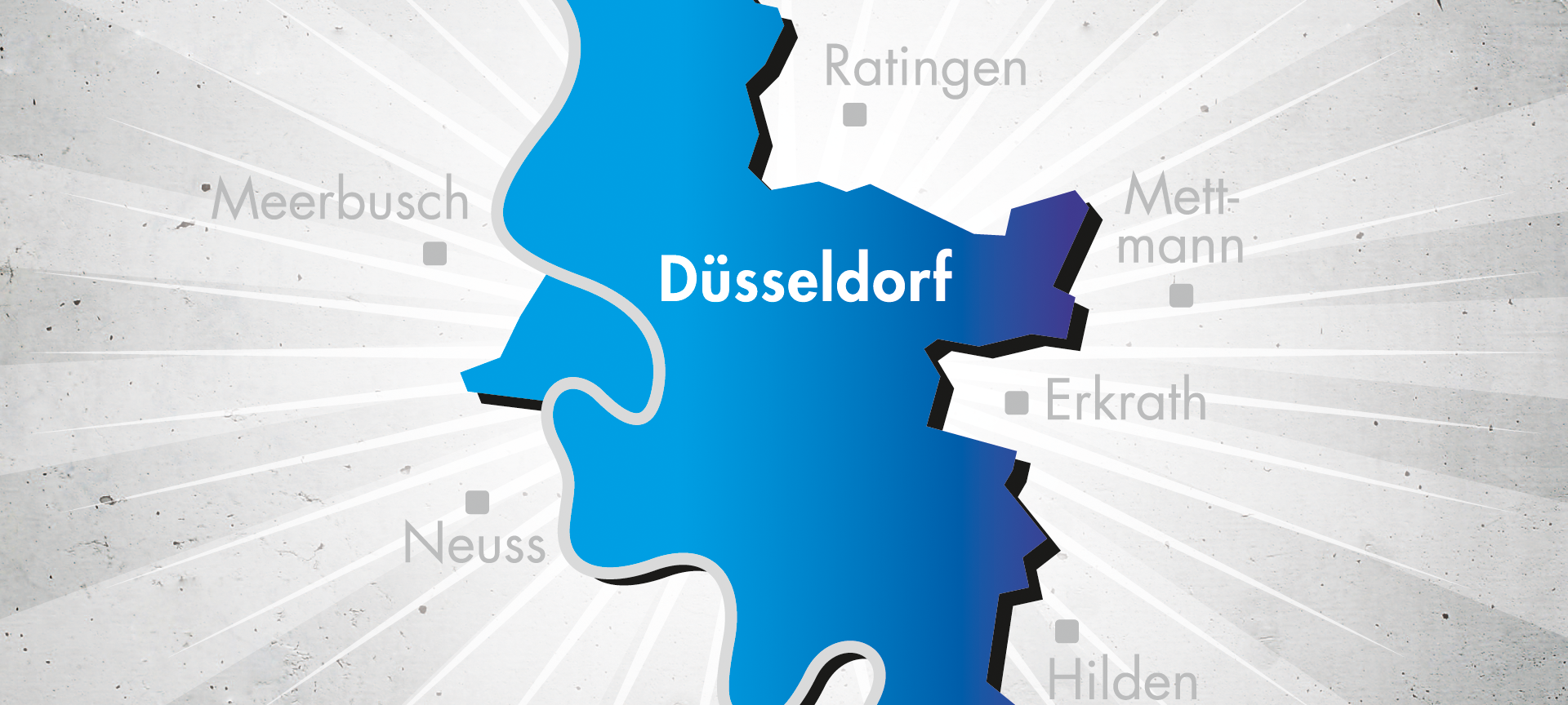 Eine Infografik von Antenne Düsseldorf im typischen Antenne-Blau. Zu sehen ist der Umriss von Düsseldorf.