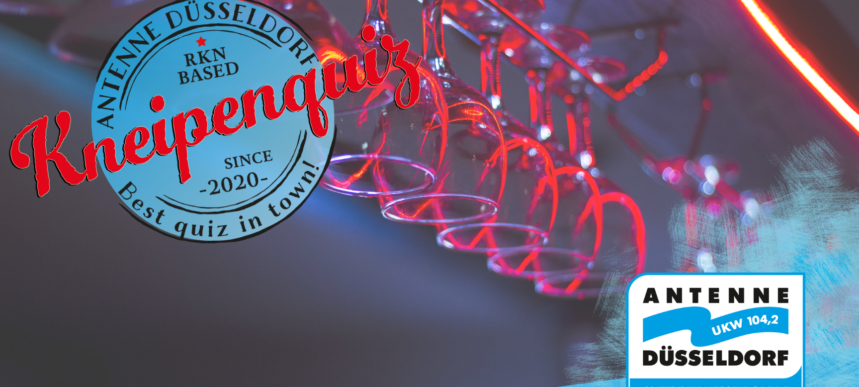 Info-Grafik für das Antenne-Düsseldorf-Kneipenquiz. An einer Theke hängen leere Gläser.