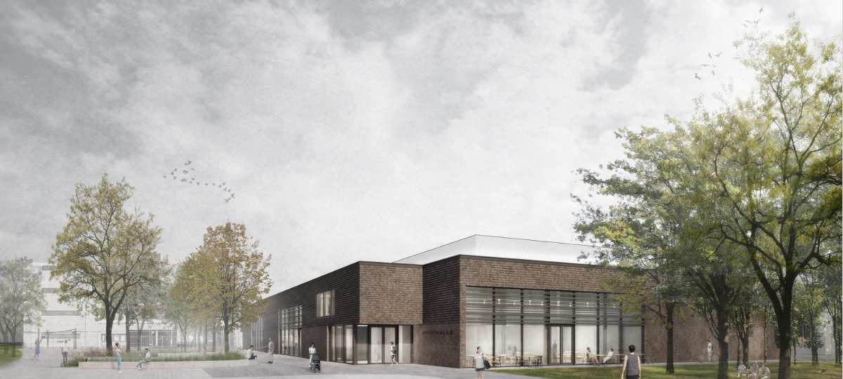 Ein Entwurf für die neue, geplante Sporthalle an der Redinghovenstraße.