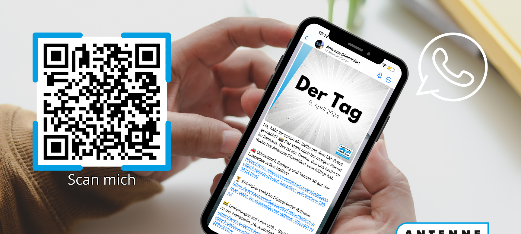 Ein QR-Code, der zum WhatsApp-Kanal von Antenne Düsseldorf führt.