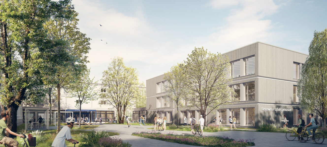 Geschwister-Scholl-Gymnasium in Bilk wird mit diesem Bau erweitert. Das Gebäude hat drei Geschosse und bekommt eine Photovoltaikanlage auf das Dach.