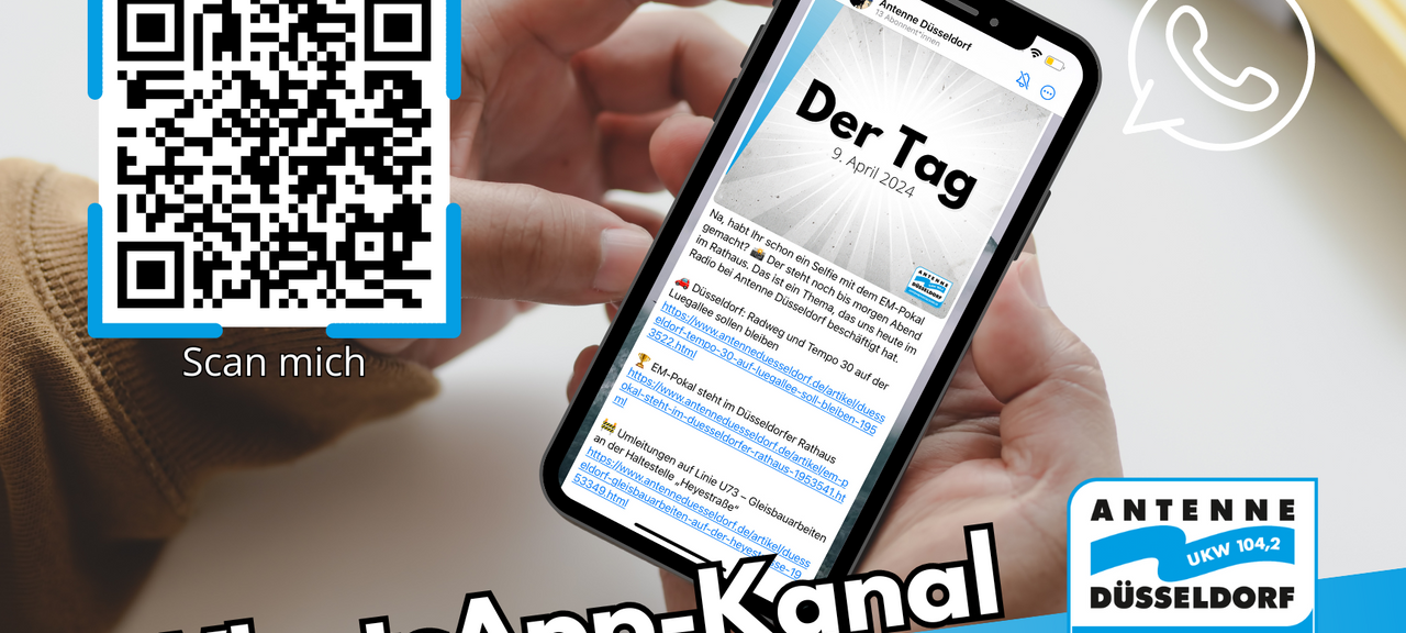 Ein QR-Code, der zum WhatsApp-Kanal von Antenne Düsseldorf führt.