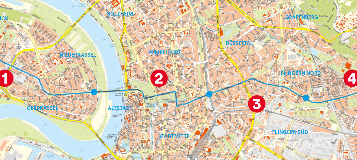 Ausschnitt der Düsseldorfer Stadtkarte. Dabei ist zu sehen, wie die Rad-Leitroute von Heerdt bis nach Gerresheim führen wird.