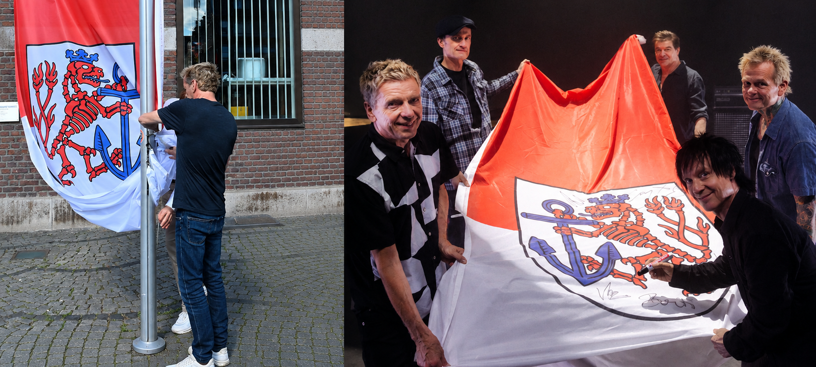 Links hisst ein Mitglied der Toten Hosen eine Flagge vor dem Rathaus. Rechts im Bild hält die ganze Band eine unterschriebene Flagge in die Kamera.