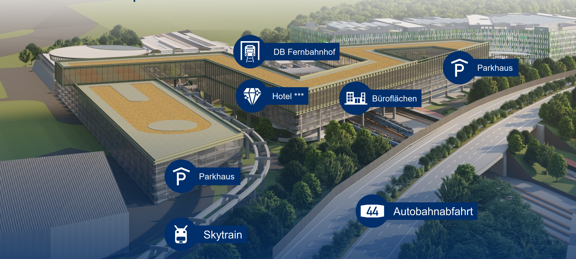Übersicht über den erweiterten EUREF-Campus am Düsseldorfer Flughafen. Daneben befinden sich die Autobahn, der Fernbahnhof und der Sky Train.