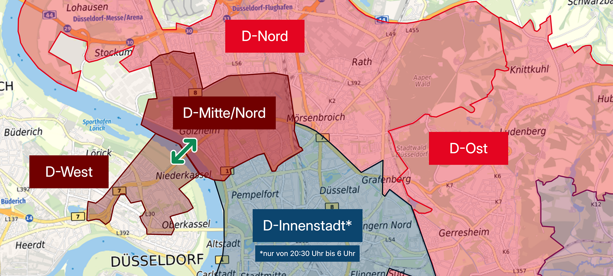 Die Rheinbahn hat die Stadt in neue flexy-Gebiete aufgeteilt. Auf der Stadtkarte sind die Bereiche in D-West, D-Mitte/Nord, D-Nord, D-Ost und D-Innenstadt aufgeteilt.