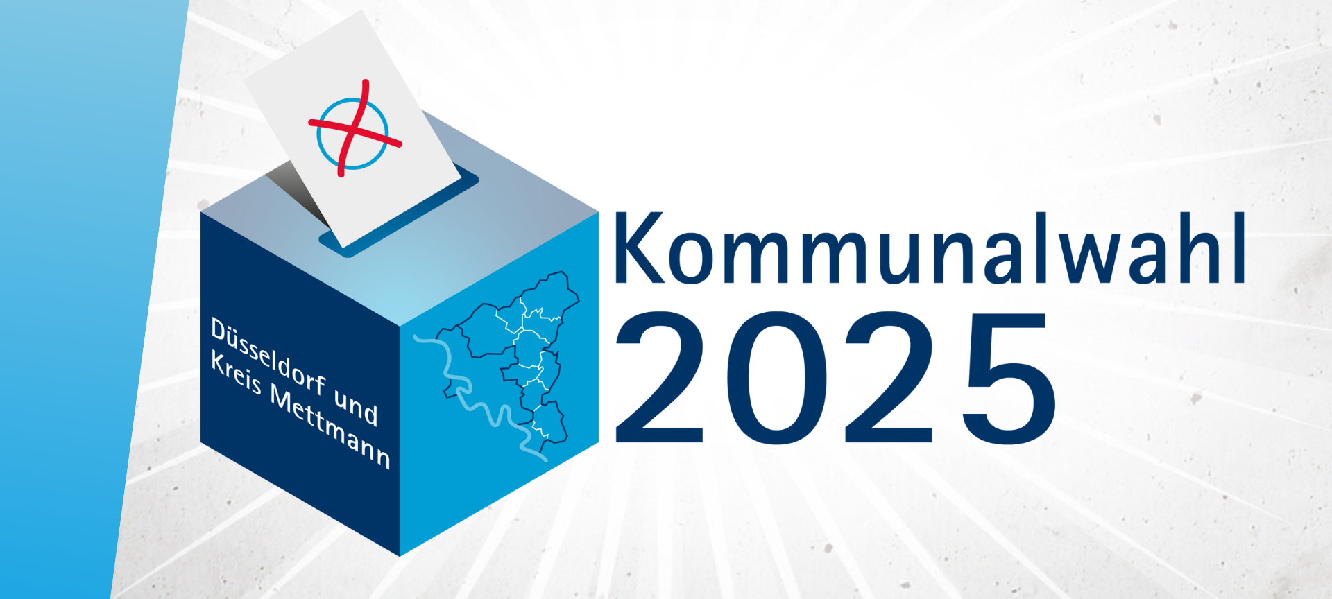 Zu sehen ist ein grauer Hintergrund mit einem blauen Schräger an der linken Seite. In der Mitte steht der Satz "Die IHK informiert.". Darunter sieht man eine Wahlurne mit einem Stimmzettel und den Titel "Kommunalwahl 2025".