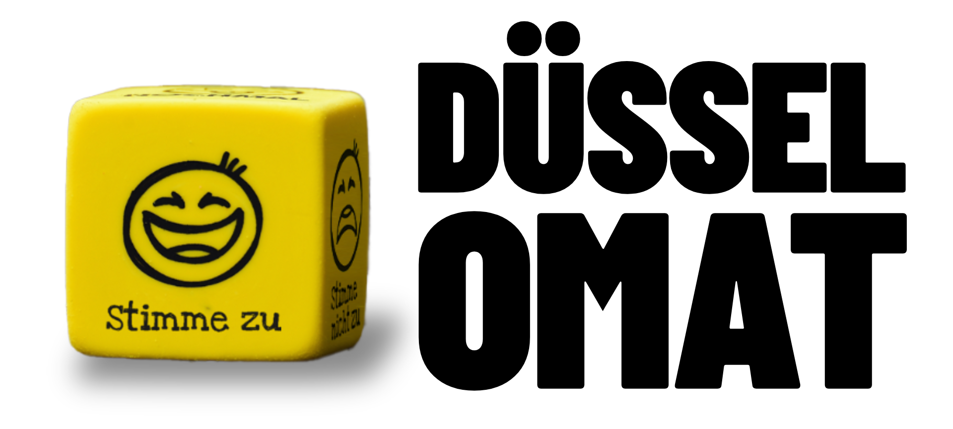 Ein gelber Würfel mit einem lachenden Gesicht und den Worten "Stimme zu". Daneben steht in dicken Buchstaben Düssel-O-Mat