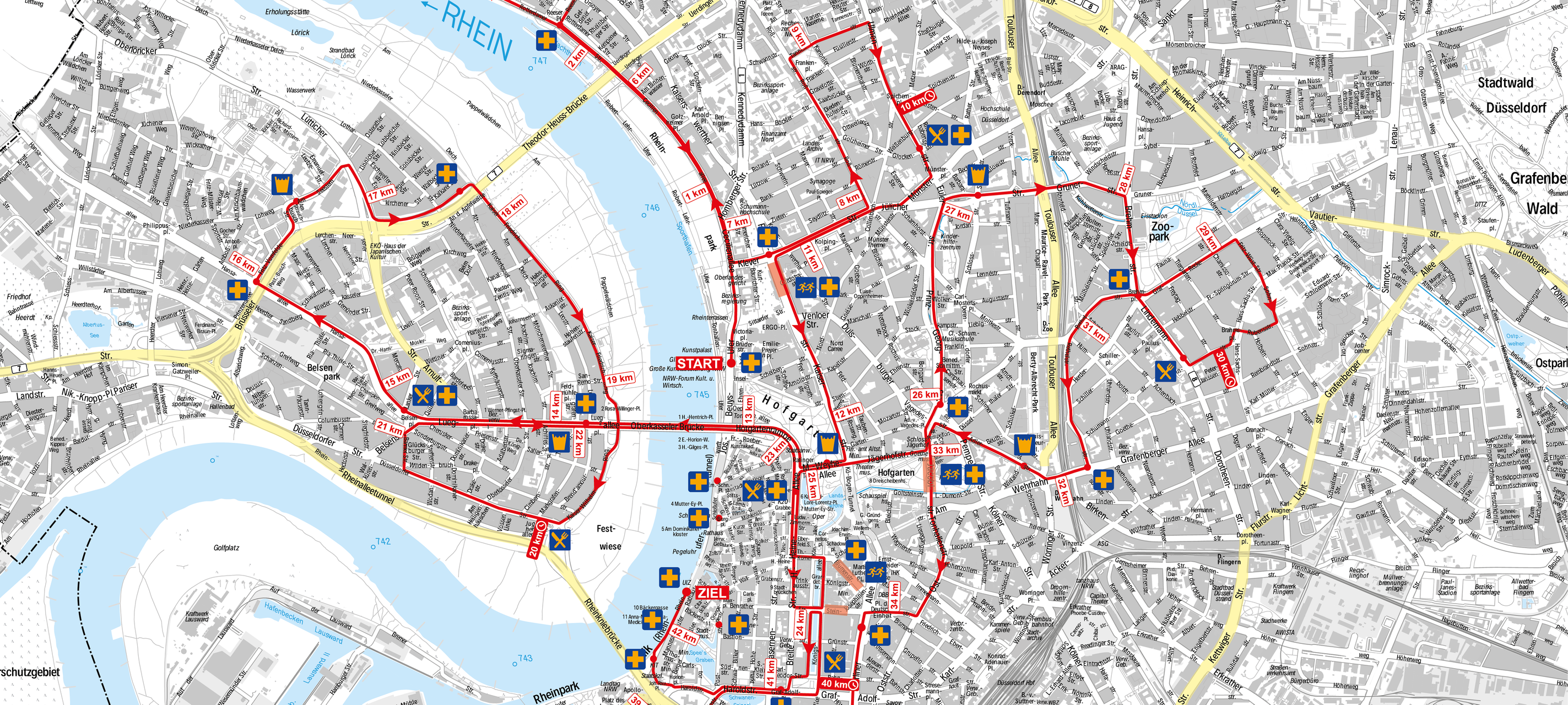 Die Grafik zeigt den Streckenverlauf des Uniper Düsseldorf Marathons 2025.